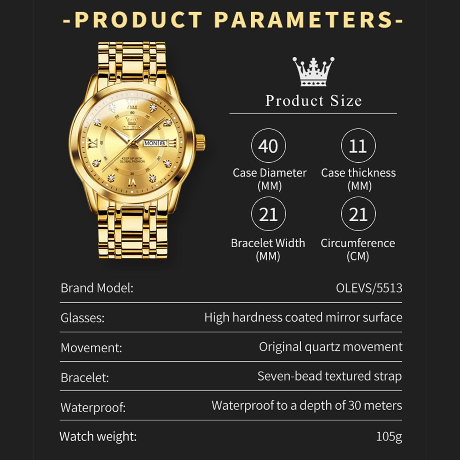 OLEVS Gold Watches for Men Luxury Waterproof Stainless Steel Day and Date, view 6