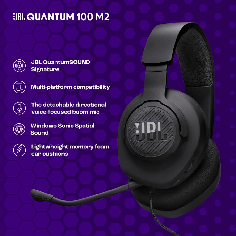 JBL Quantum 100M2 Wired Gaming Headset, Detachable Mic - Black, view 5