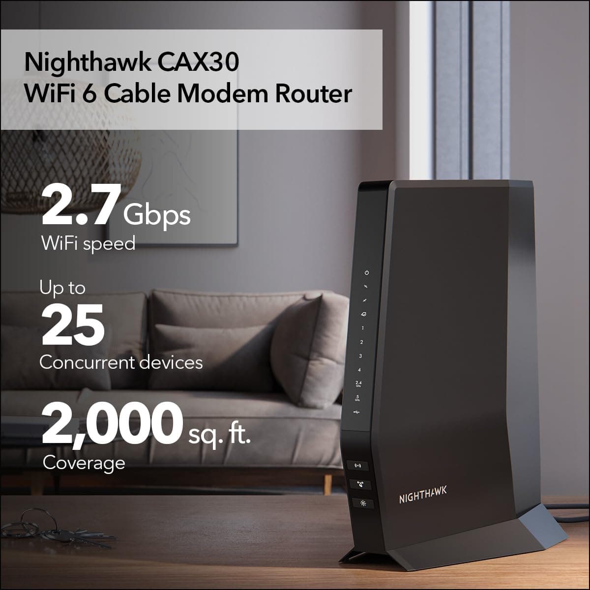 NETGEAR Nighthawk Modem Router Combo (CAX30) DOCSIS 3.1 Cable Modem and WiFi 6 Router - AX2700 2.7 Gbps - Compatible with Xfinity, Spectrum, Cox, and More - Gigabit Wireless Internet, view 2