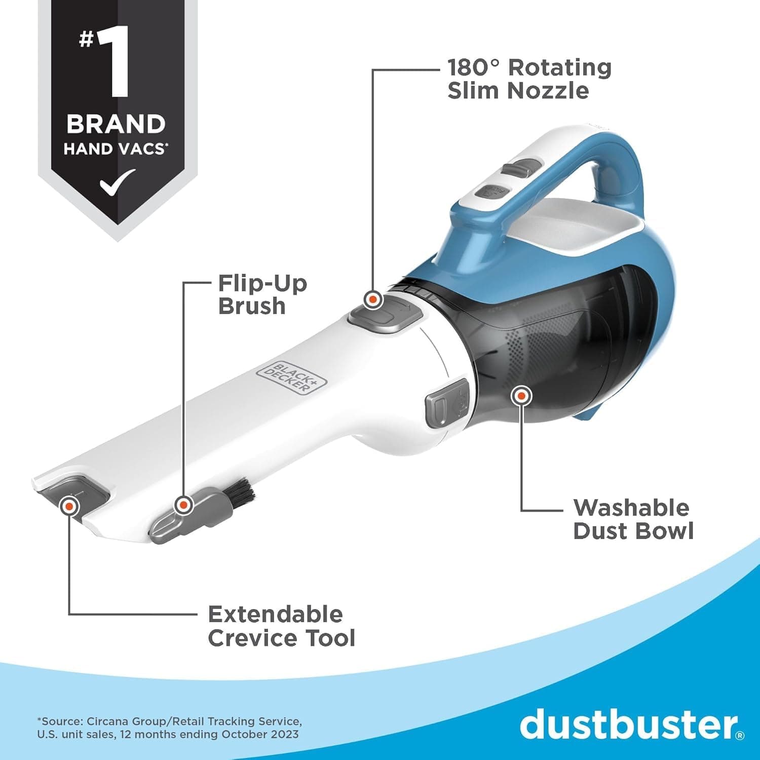 Black+Decker, Dustbuster AdvancedClean Handheld Vacuum Cordless, Compact Home and Car Vacuum with Crevice Tool, Rotating Nozzle and Charging Station, view 3