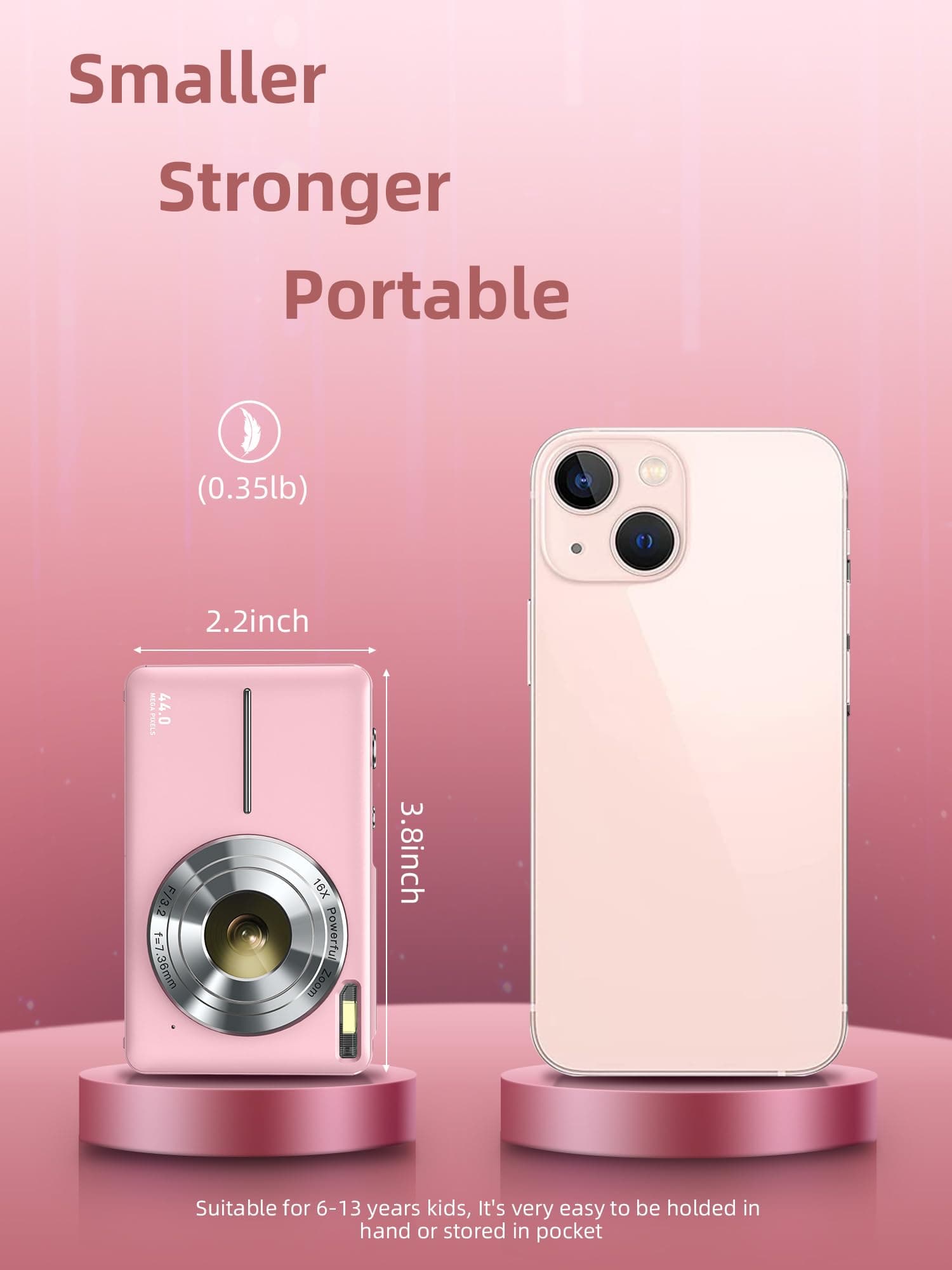 Camkory Digital Camera FHD 1080P with 32G Card 16X Zoom Easy for Kids Pink, view 3