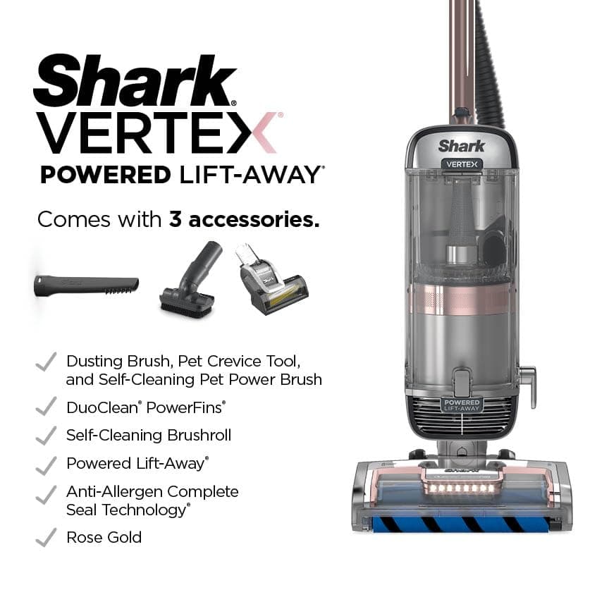Shark AZ2002 Vertex Powered Lift-Away Upright Vacuum with DuoClean PowerFins, Self-Cleaning Brushroll, Large Dust Cup, Pet Crevice Tool, Dusting Brush & Power Brush, Silver/Rose Gold, view 8