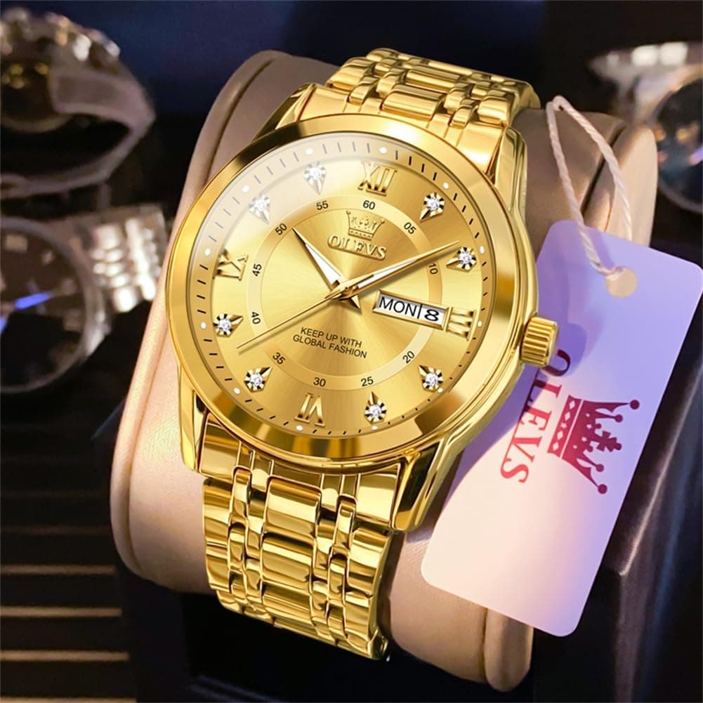 OLEVS Gold Watches for Men Luxury Waterproof Stainless Steel Day and Date, view 2