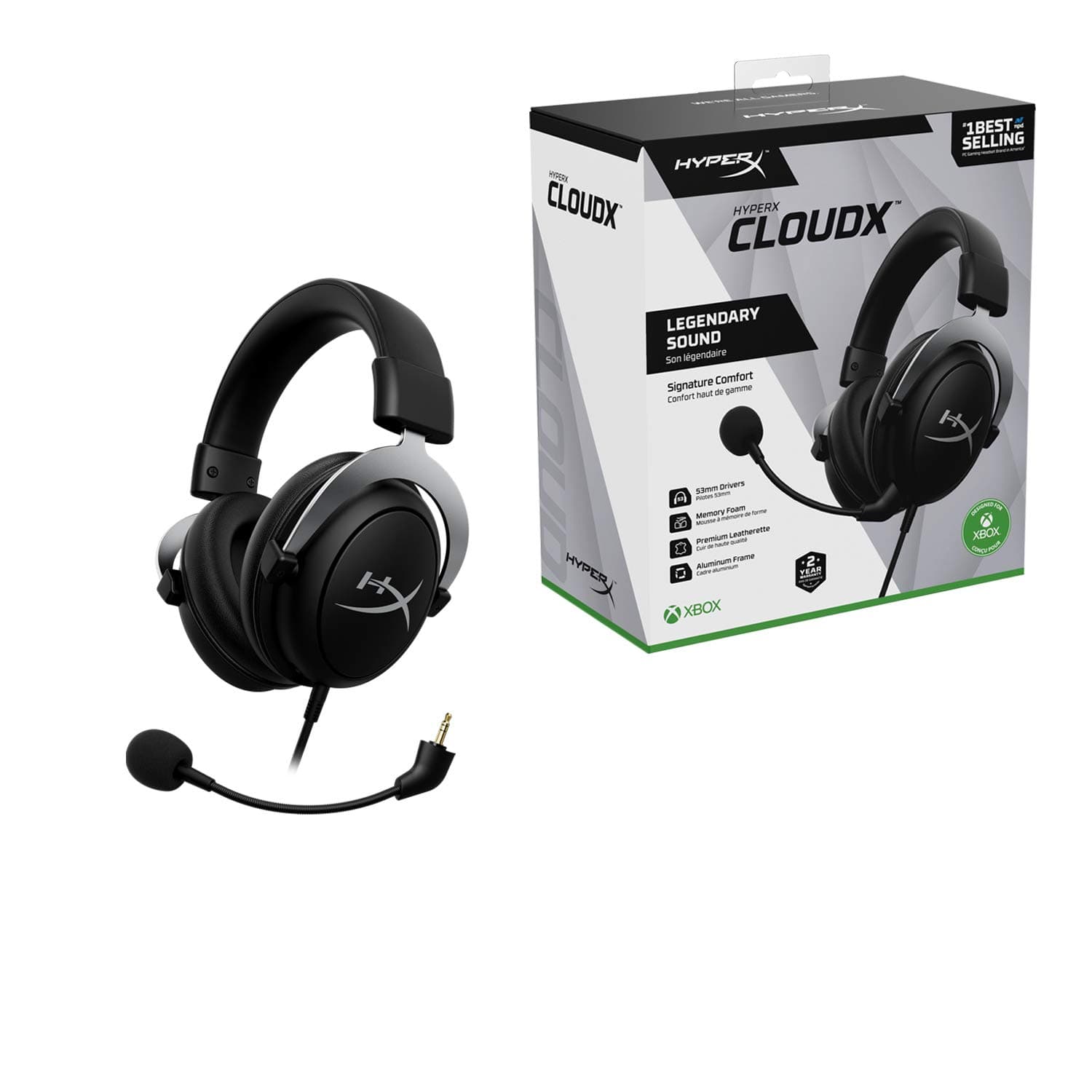 HyperX CloudX, Official Xbox Licensed Gaming Headset, Compatible with Xbox One and Series X|S, Memory Foam Ear Cushions, Detachable Noise-Cancelling Mic, in-line Audio Controls,Black/ Silver, view 6
