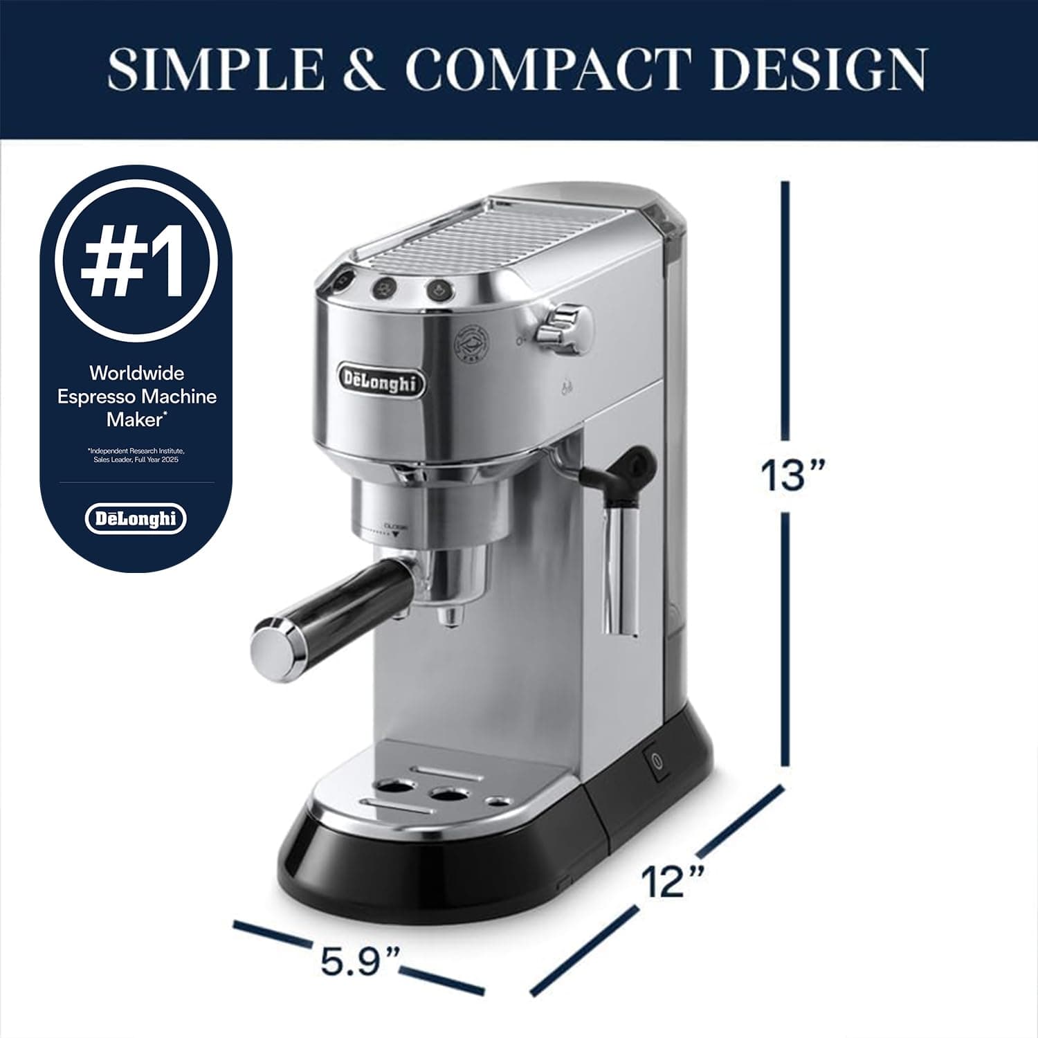 De'Longhi Dedica Espresso Machine, 15-Bar Pump, Frother, Stainless Steel, view 7