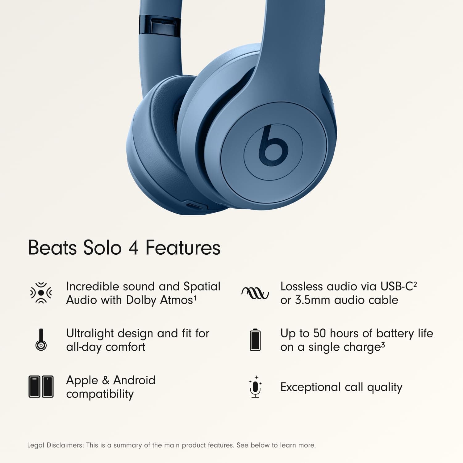 Beats Solo 4 - Wireless On-Ear Bluetooth Headphones, Up to 50-Hour Battery Life, Ultra-Lightweight Comfort, Powerful and Balanced Sound, Apple & Android Compatible - Slate Blue, view 2