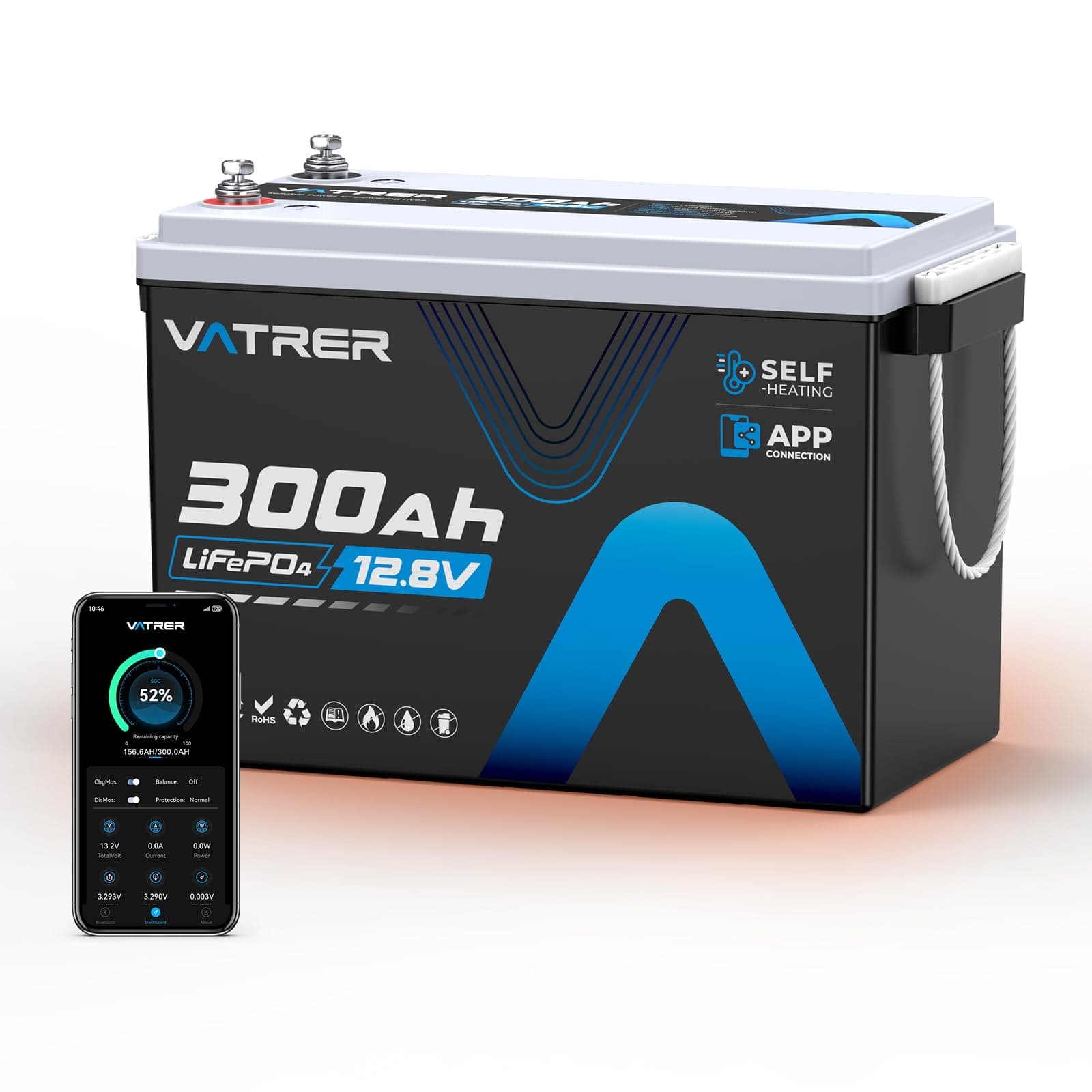 12V 300Ah Self-Heating LiFePO4 Lithium Battery with APP Monitoring