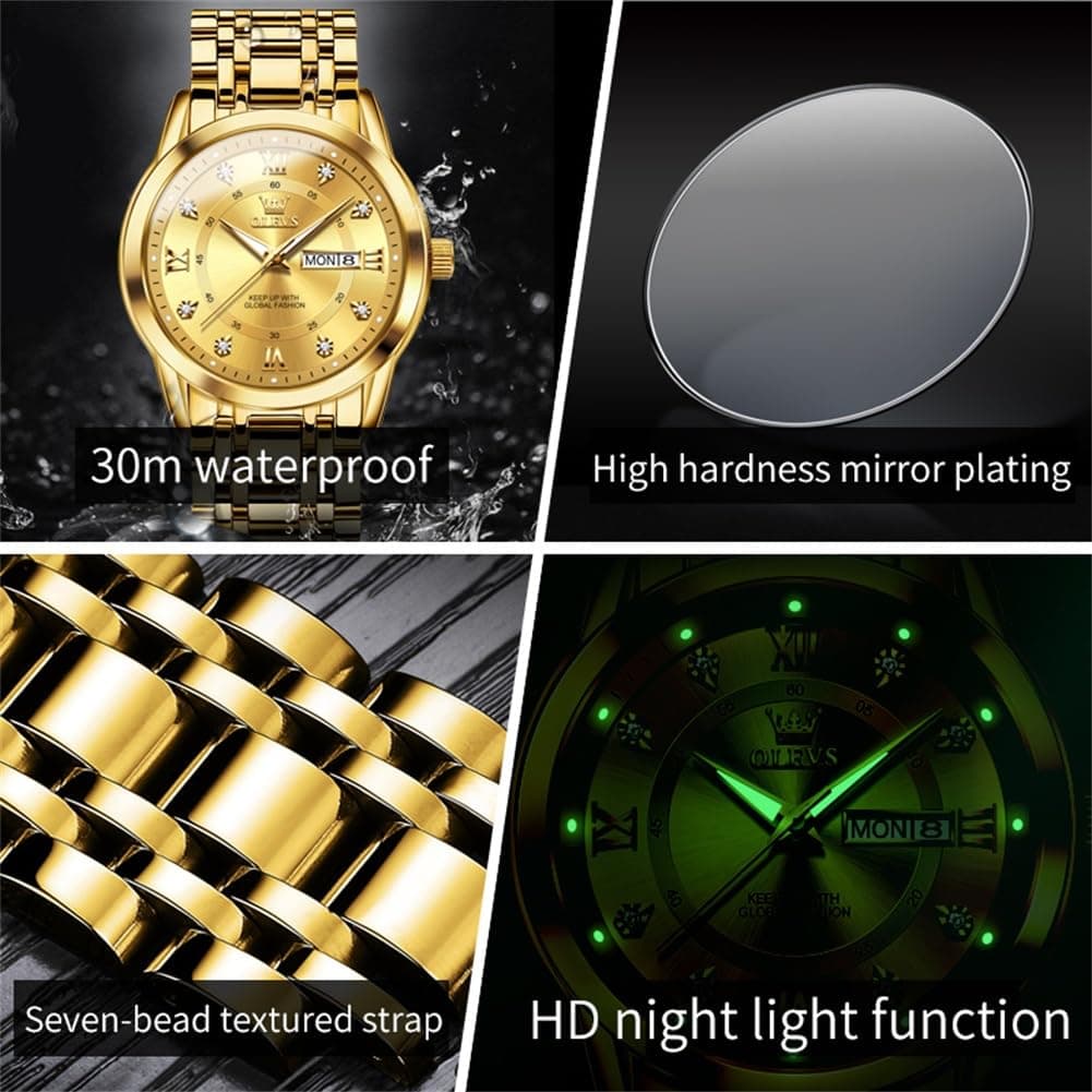 OLEVS Gold Watches for Men Luxury Waterproof Stainless Steel Day and Date, view 4