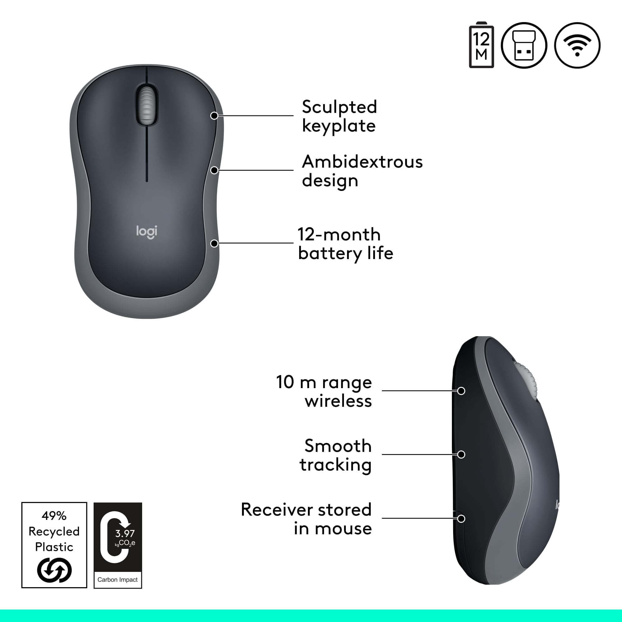 Logitech M185 Compact Ambidextrous 2.4 GHz Wireless Mouse - Swift Grey, view 6