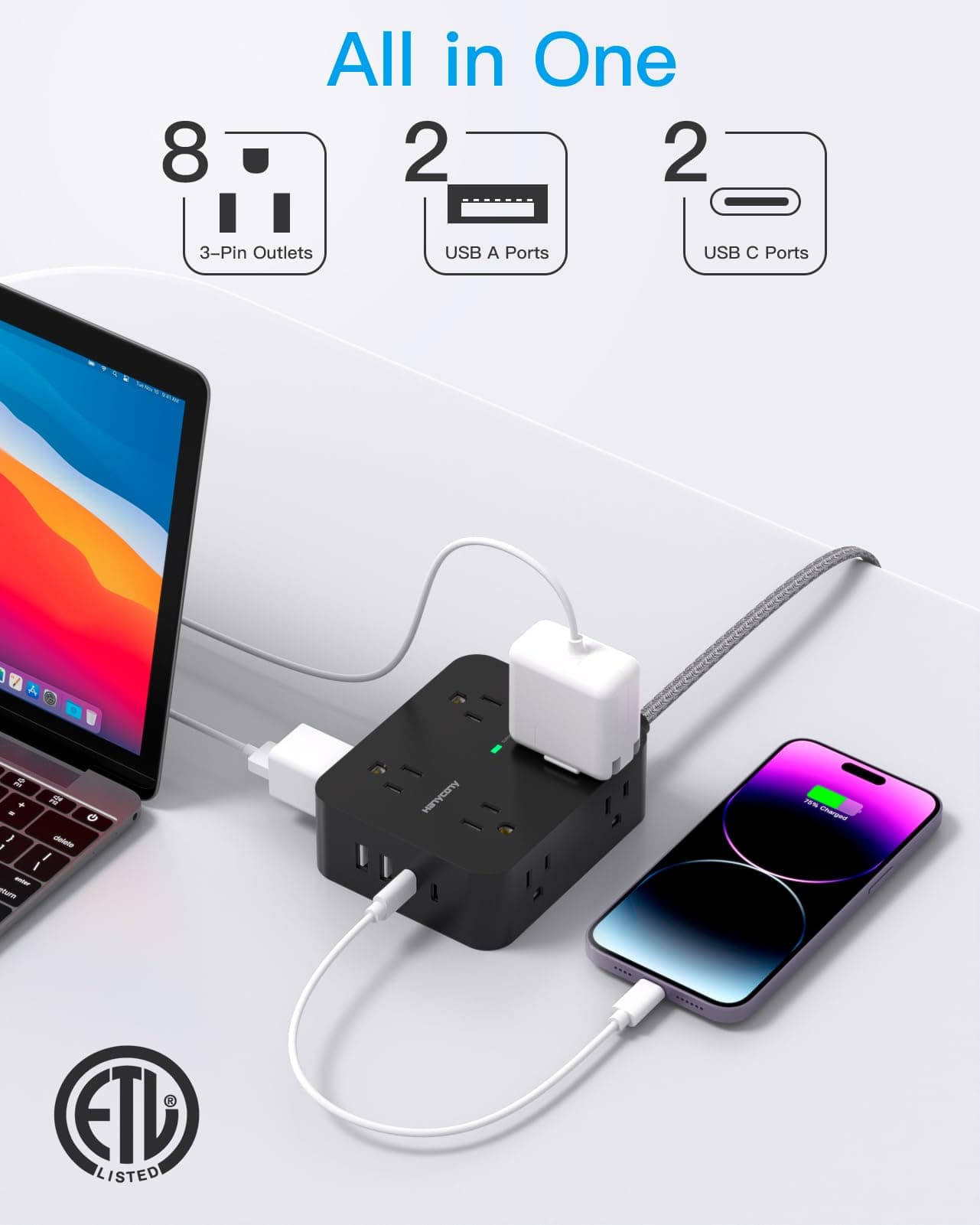 HANYCONY Surge Protector Power Strip, 1080J, 5 Ft Braided Extension Cord, view 2