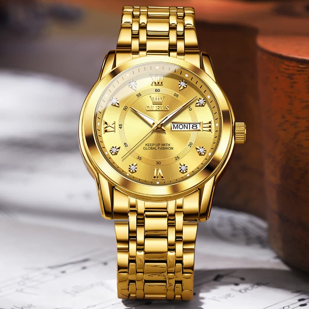 OLEVS Gold Watches for Men Luxury Waterproof Stainless Steel Day and Date, view 5