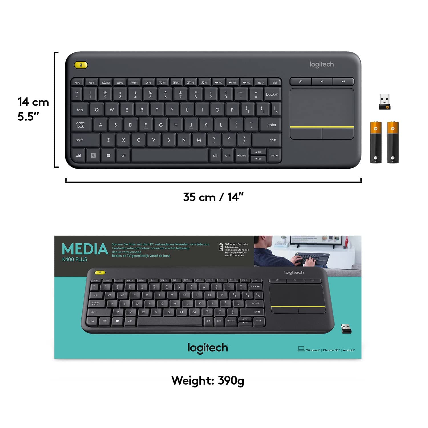 Logitech K400 Plus Wireless Touch TV Keyboard for PC-Connected TV - Black, view 8