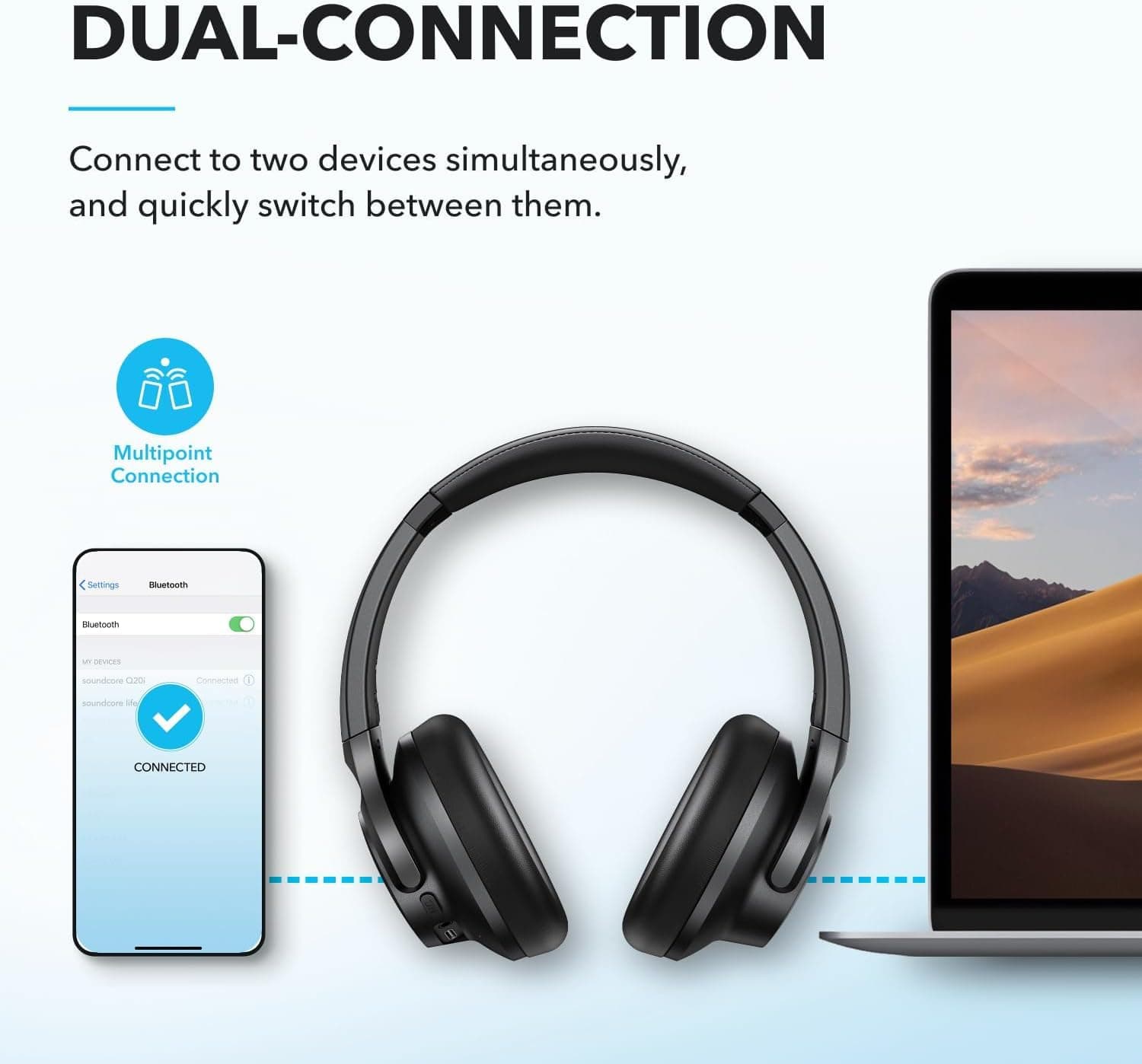 Soundcore by Anker Q20i Hybrid Active Noise Cancelling Headphones, Black, view 7