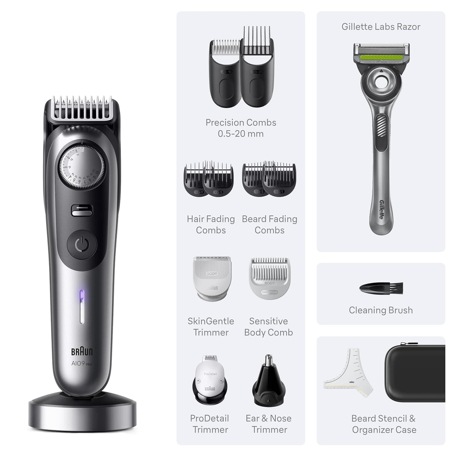 Braun All-in-One Series 9 PRO Men's Electric Beard Trimmer, Hair Clipper, Shaver & Razor for Face, Hair & Body, AIO 9570 with Gillette Labs Razor, Cordless, view 2