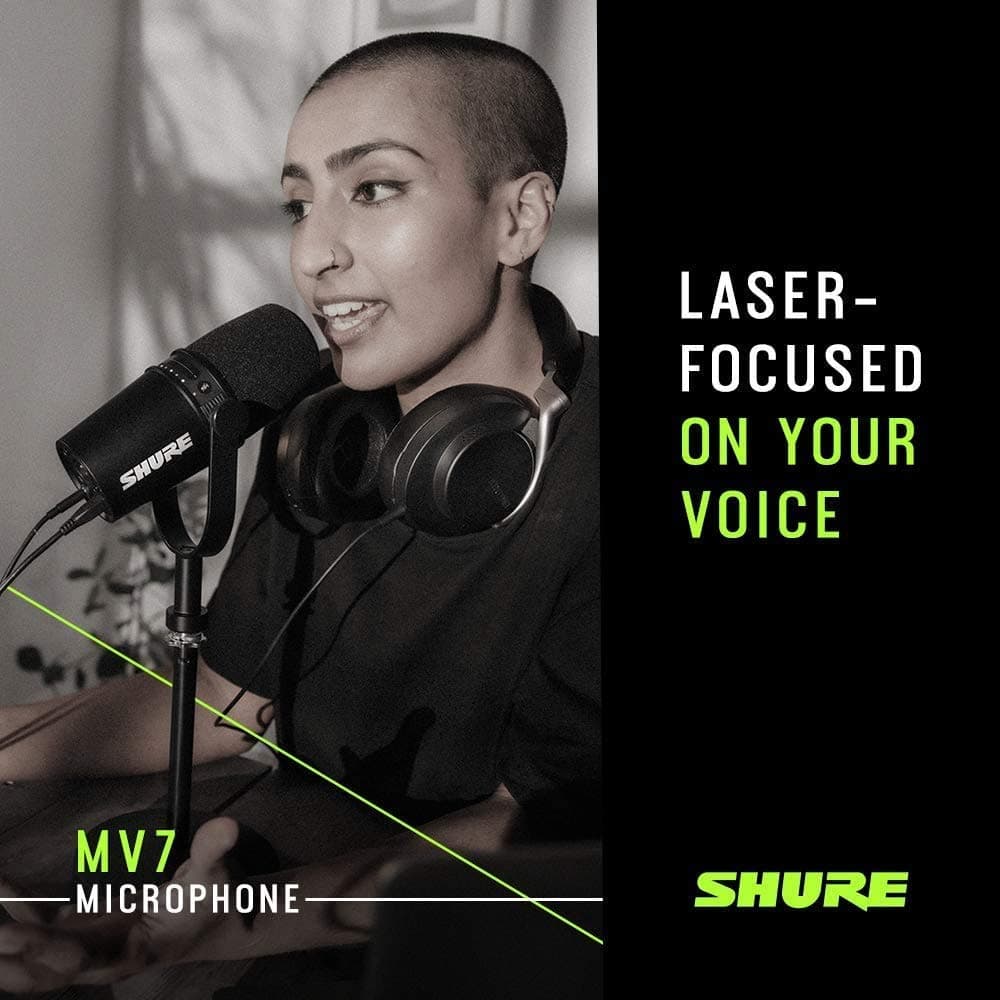 Shure MV7 USB Podcast Microphone for Podcasting, Recording, Live Streaming & Gaming, Built-in Headphone Output, All Metal USB/XLR Dynamic Mic, Voice-Isolating Technology, TeamSpeak Certified - Black, view 6