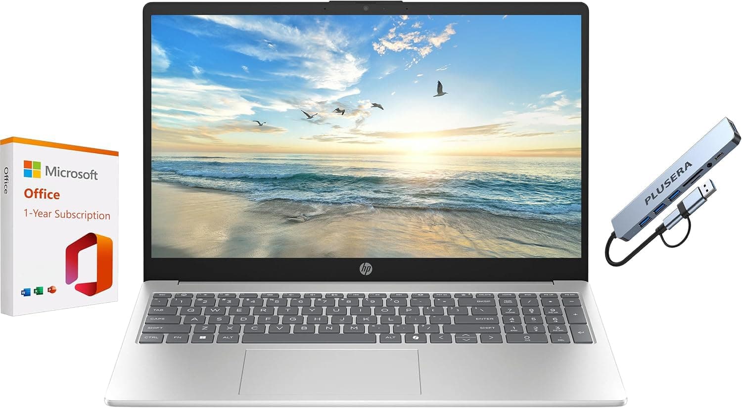 HP 15.6" FHD Business & Student Laptop Computer with 1-Year Office 365 & Copilot AI, Quad-Core Intel Processor, 16GB RAM 640GB Storage (128GB UFS+512GB SD Card), Win 11 H, PLUSERA Docking Hub, Silver
