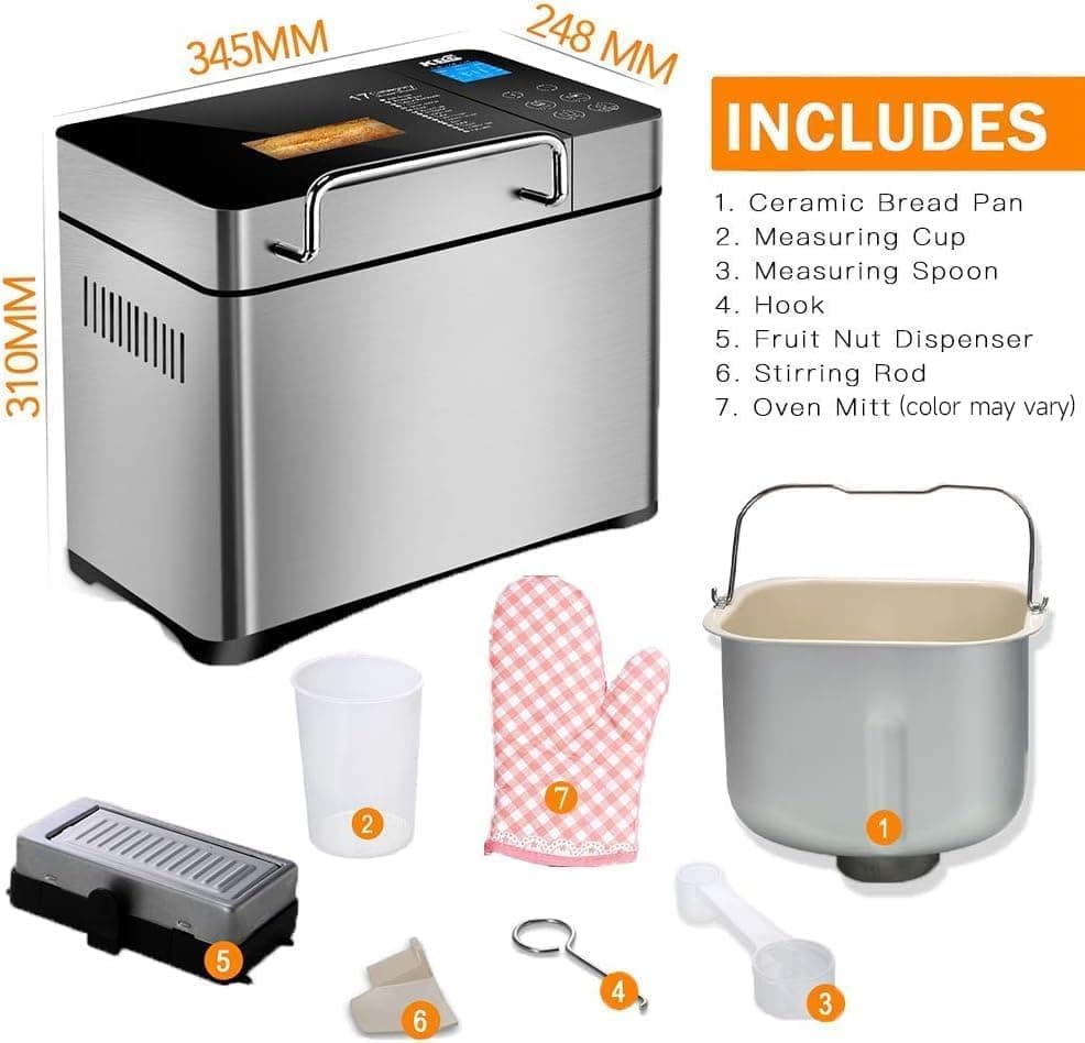 KBS Pro 710W 2.2LB Bread Maker, Stainless Steel 17-in-1 Smart Bread Machine with Healthy Ceramic Pan, Automatic Nut Dispenser, Tempered Glass Touch Panel, 3 Crust Colors, 15H Timer &Keep-Warm, Recipes, view 9