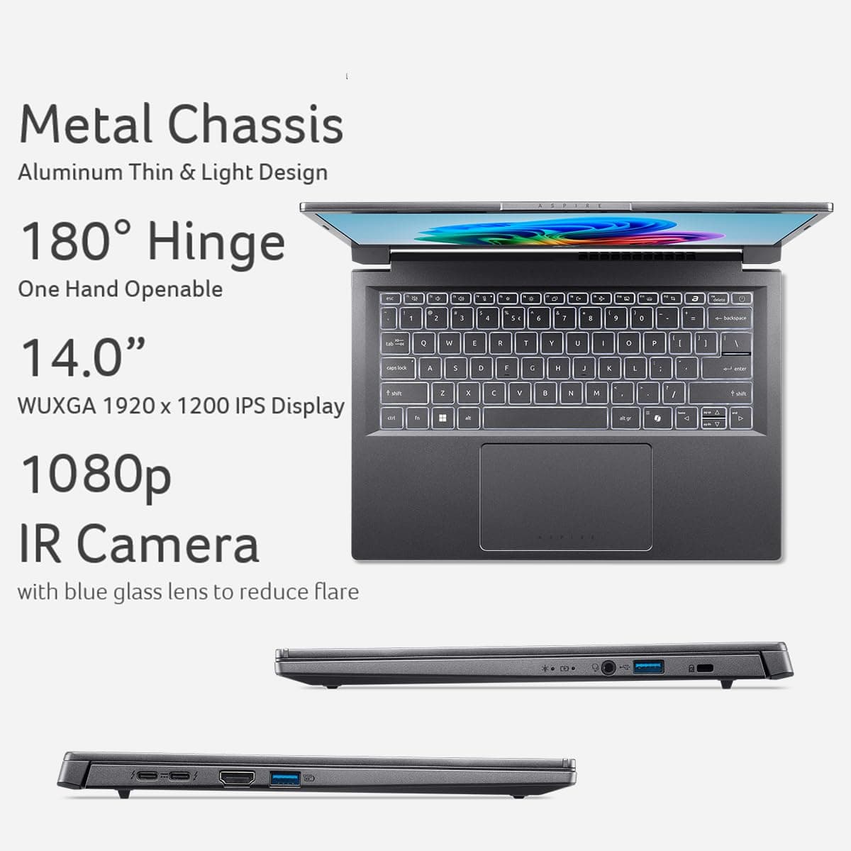 Acer Aspire 14 AI Copilot+ PC | 14" WUXGA Display | Intel Core Ultra 5 Processor 226V | NPU: Up to 40 Tops - GPU: Up to 53 Tops | Intel ARC 130V | 16GB LPDDR5X | 512GB SSD | Wi-Fi 6E | A14-52M-51S1, view 10