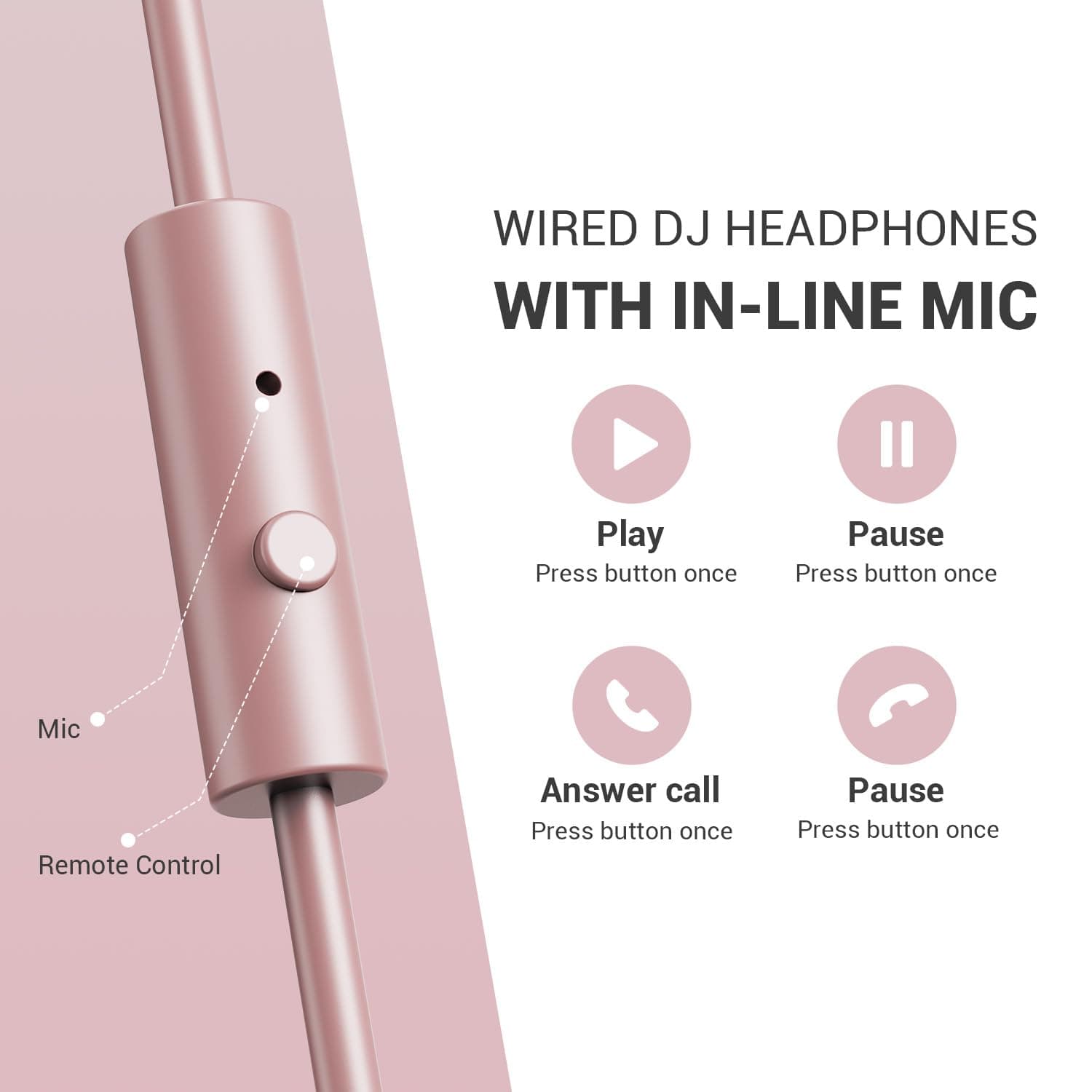 OneOdio Wired DJ Hi-Res Over-Ear Headphones for PC, Keyboard Guitar - Pink, view 4