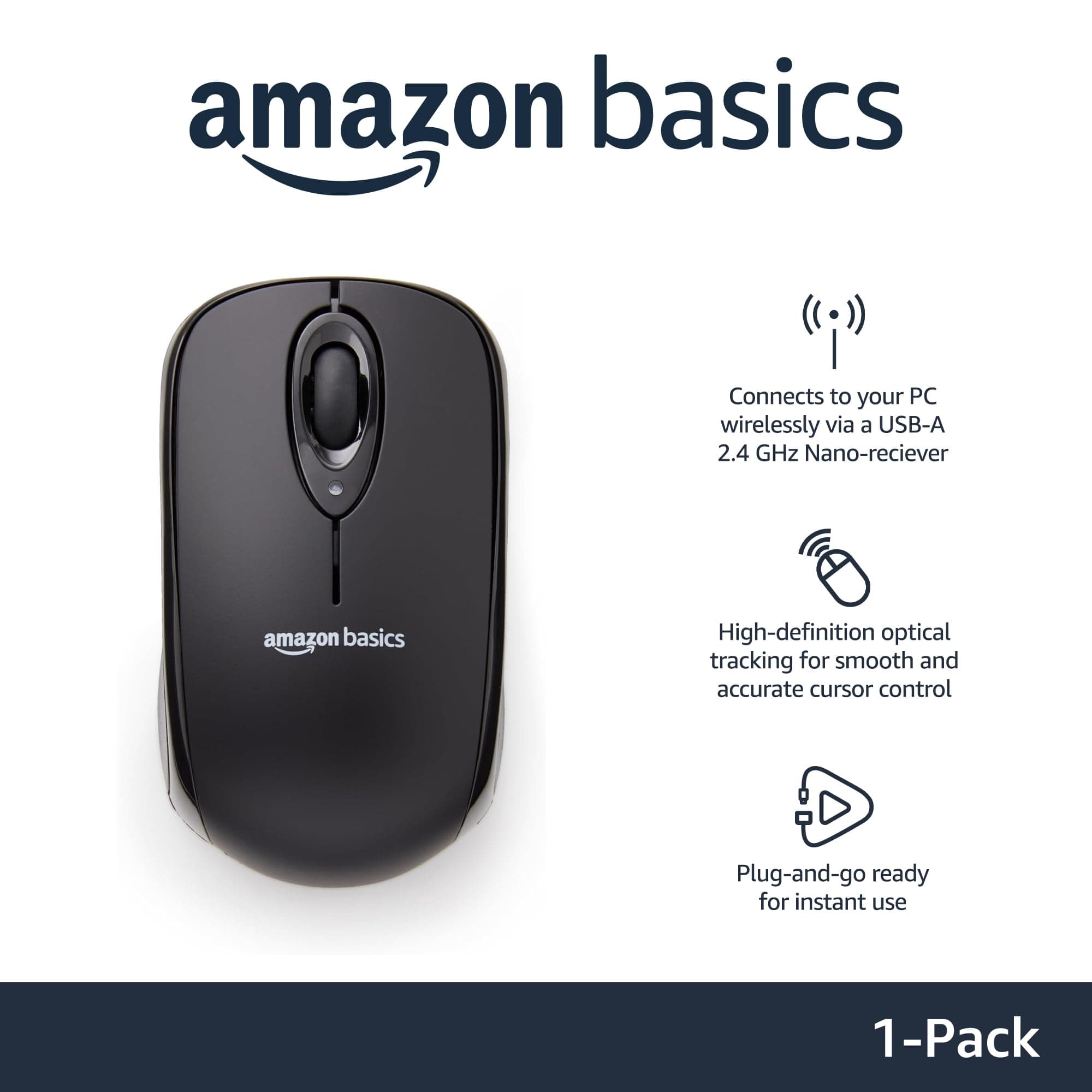 Amazon Basics 2.4 GHz Wireless Optical Computer Mouse with USB Nano Receiver, Portable, No Wires, Smooth Tracking, Multi-Device Compatibility, Black, view 2