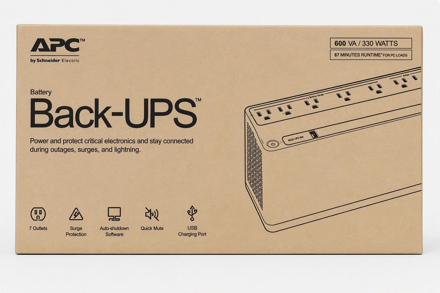 APC UPS 600VA/330W Battery Backup for Computer, Router, NAS, BE600M1, view 9
