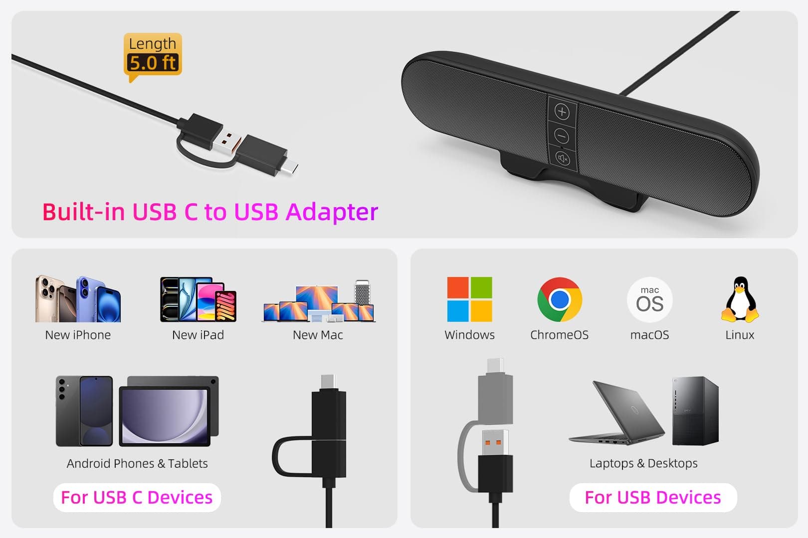 Computer Speakers for Desktop PC Monitor, USB Plug-in, Wired, Computer Soundbar for PC, Laptop Speakers with Adaptive-Channel-Switching, Loud Sound, Deep Bass, USB C Adapter, Easy to Clip on Monitor, view 3
