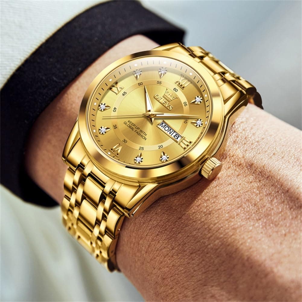 OLEVS Gold Watches for Men Luxury Waterproof Stainless Steel Day and Date, view 3