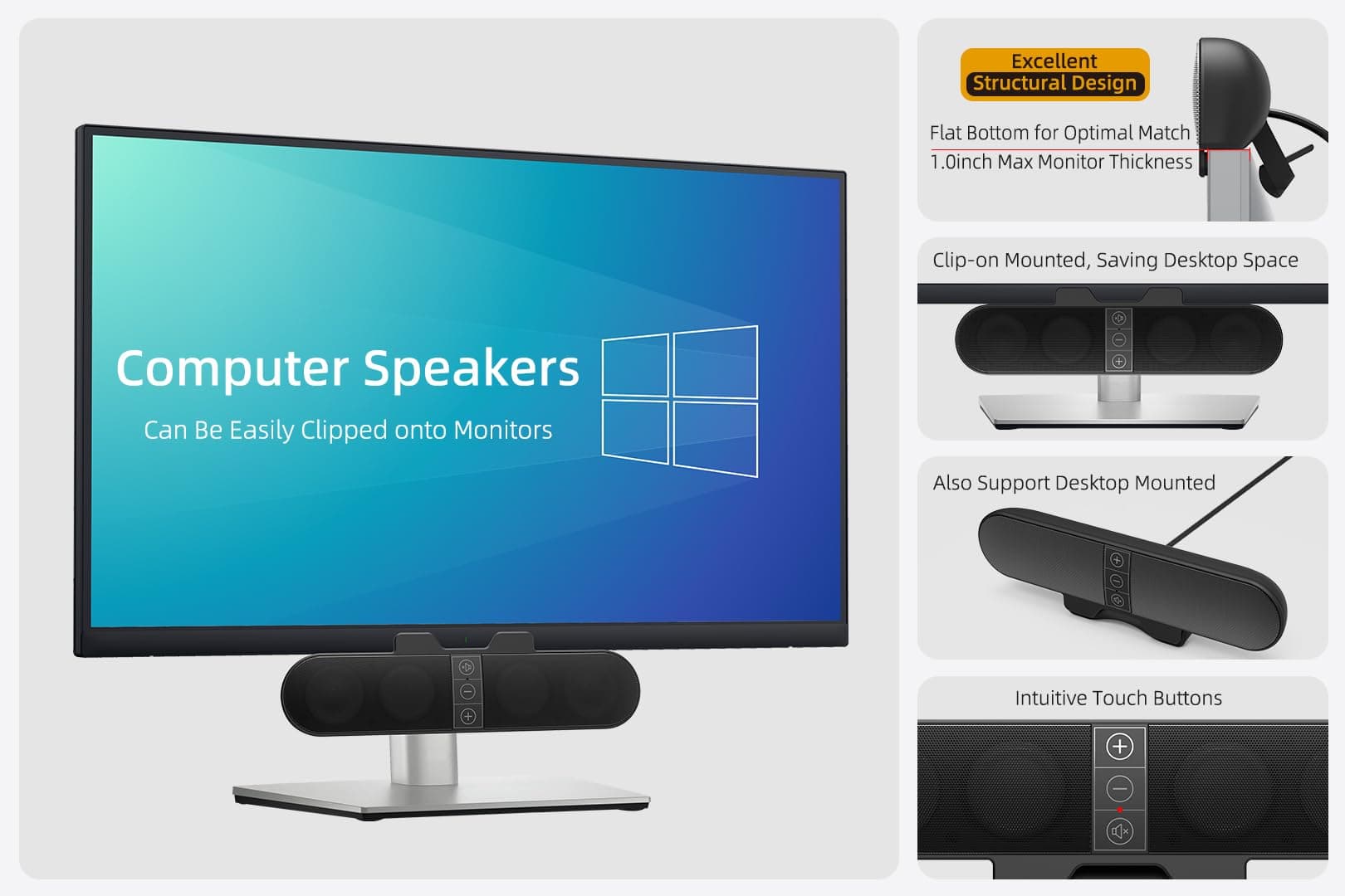 Computer Speakers for Desktop PC Monitor, USB Plug-in, Wired, Computer Soundbar for PC, Laptop Speakers with Adaptive-Channel-Switching, Loud Sound, Deep Bass, USB C Adapter, Easy to Clip on Monitor, view 6