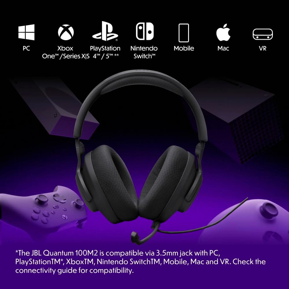 JBL Quantum 100M2 Wired Gaming Headset, Detachable Mic - Black, view 2