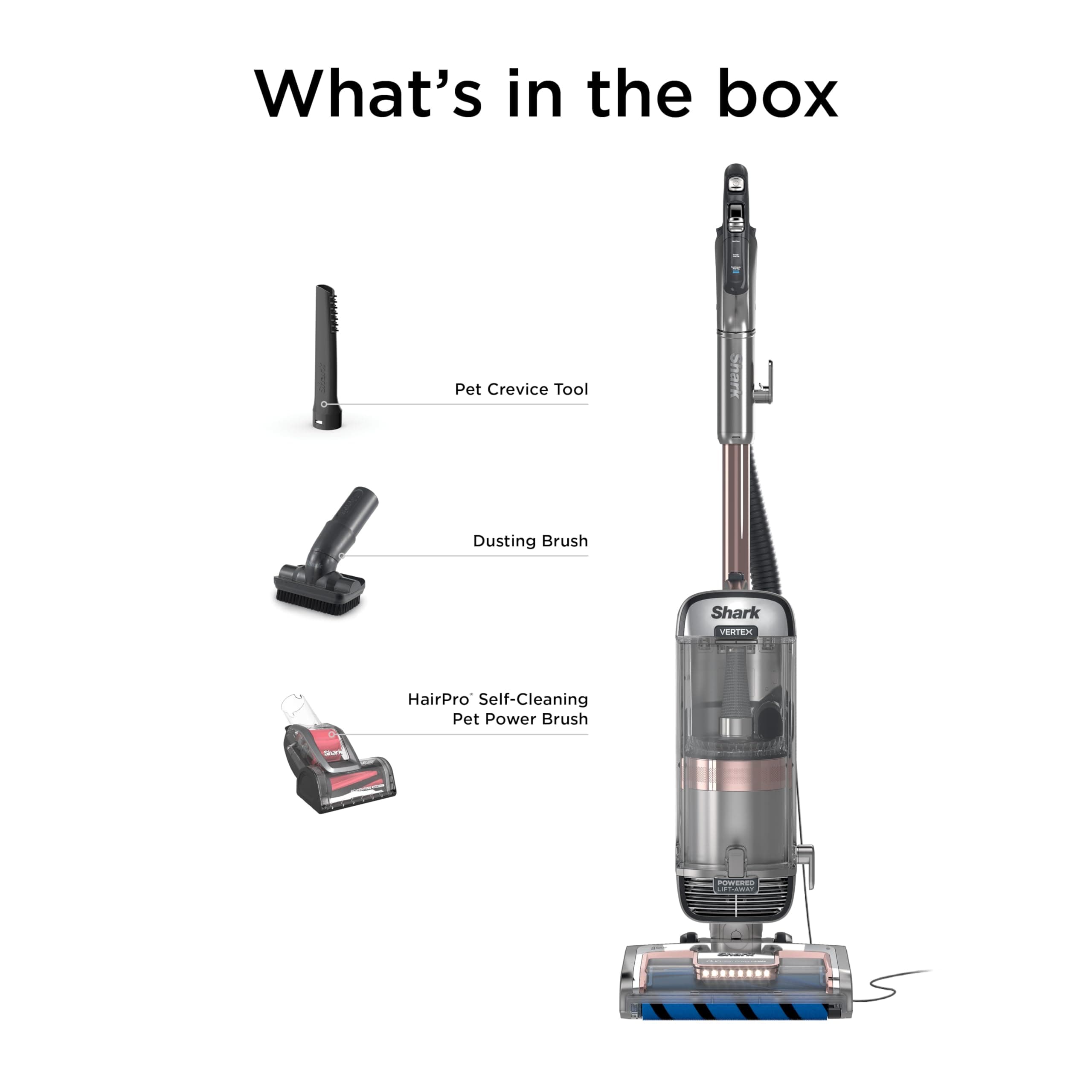 Shark AZ2002 Vertex Powered Lift-Away Upright Vacuum with DuoClean PowerFins, Self-Cleaning Brushroll, Large Dust Cup, Pet Crevice Tool, Dusting Brush & Power Brush, Silver/Rose Gold, view 10