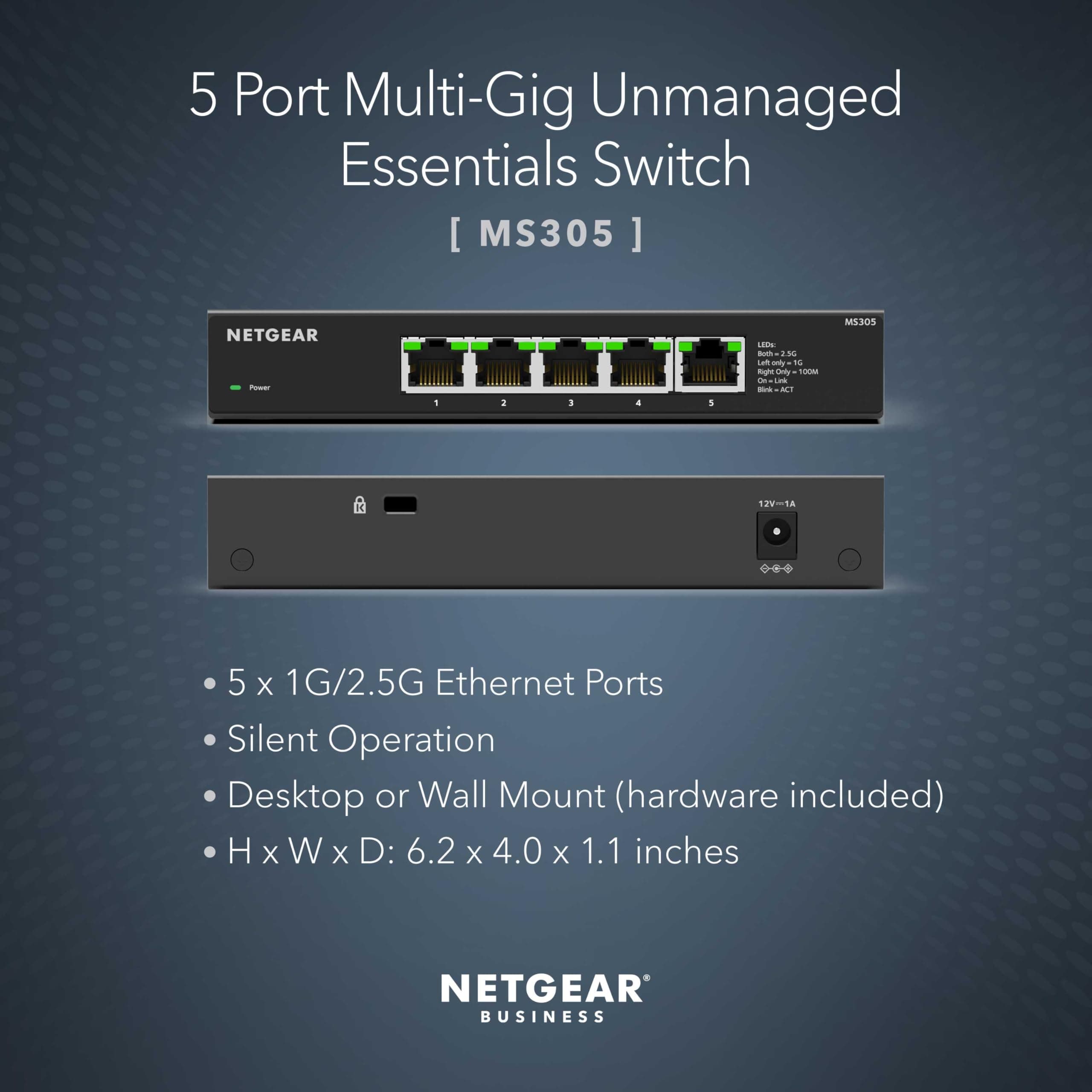 NETGEAR 5-Port 2.5G Multi-Gigabit Ethernet Unmanaged Network Switch (MS305), 5 x 2.5Gbps, Desktop or Wall Mount, Metal Case, view 2