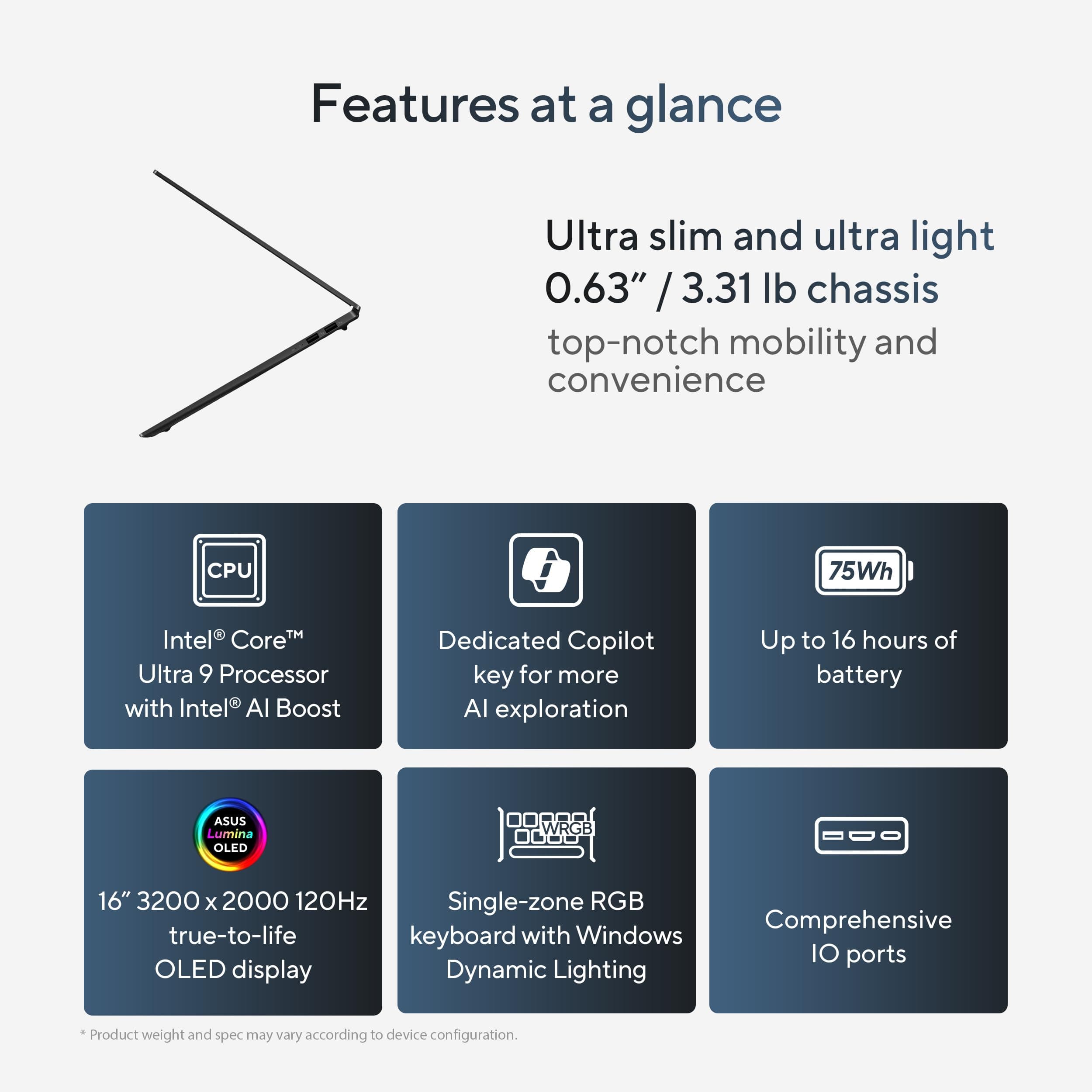 ASUS Vivobook S 16 OLED Laptop, Intel Core Ultra 9 185H, 16GB, 1TB SSD, Neutral Black, S5606MA-DS96, Intel Evo Edition, view 3