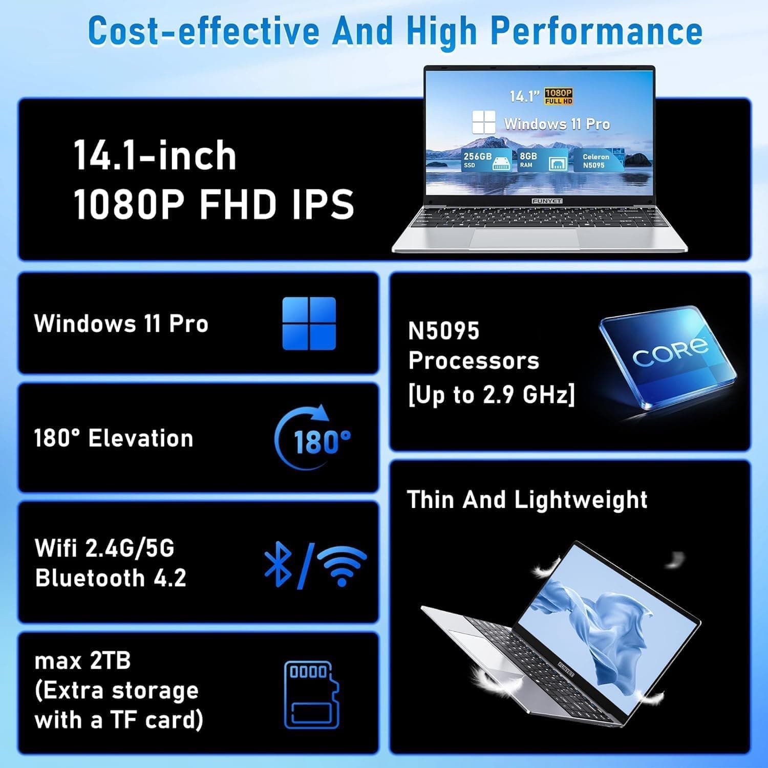 FUNYET Laptop Computer, Gaming Laptops 2026, 14 Inch Lap Top PC Windows 11 Pro, 16GB RAM 512GB SSD, Intel N5095 Processor(up to 2.9 GHz), Office 365, for Business and Students, 2-Year Warranty, view 3