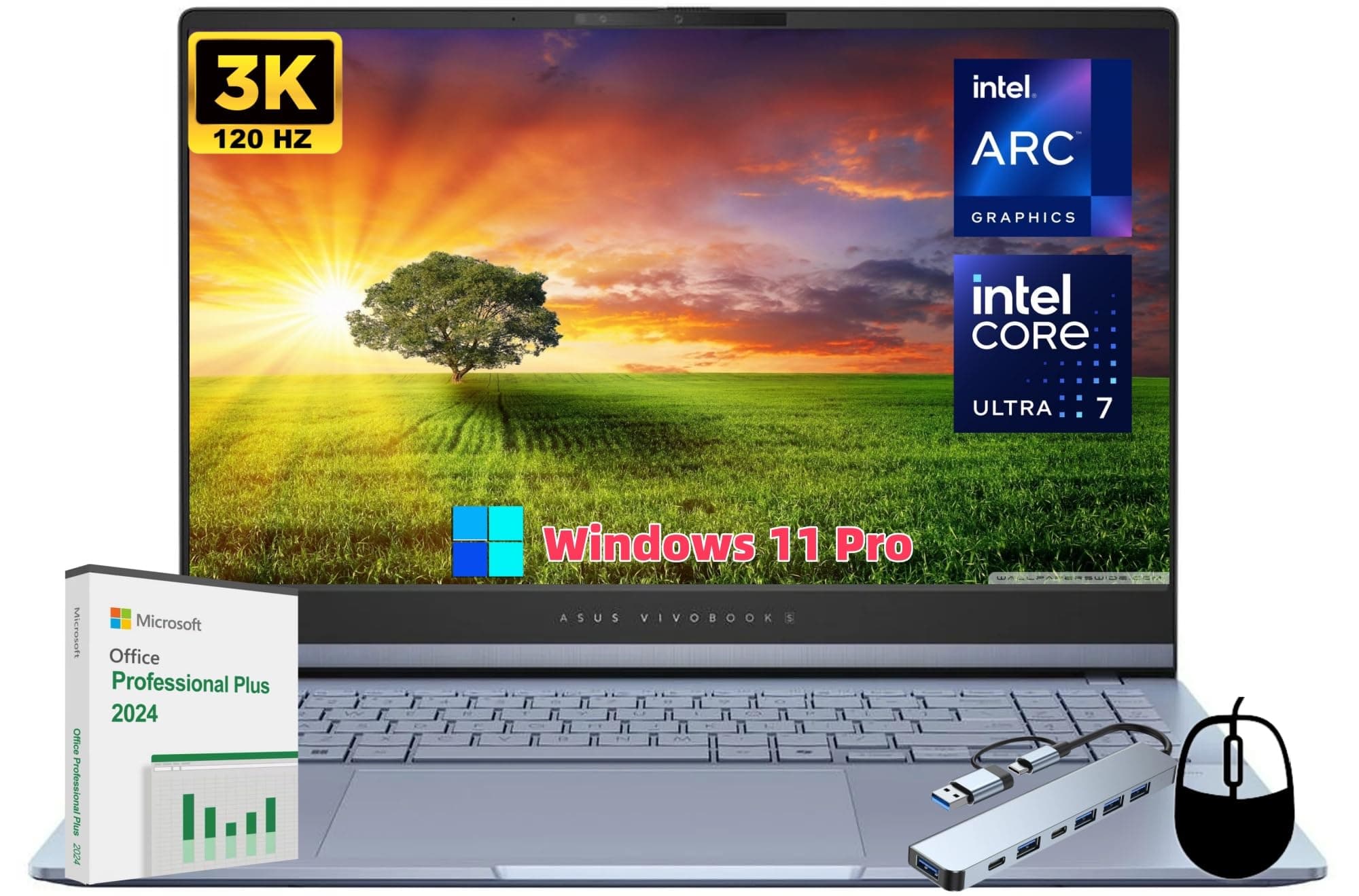 ASUS Vivobook S 15 OLED Laptop, 15.6" 3K OLED 120Hz Display, Intel Ultra 7 155H, ARC Graphics, 16 GB RAM, 1 TB SSD, Backlit KB, Wi-Fi 6E, Windows11 Pro & Office Lifetime License, w/Jawfoal Accessories
