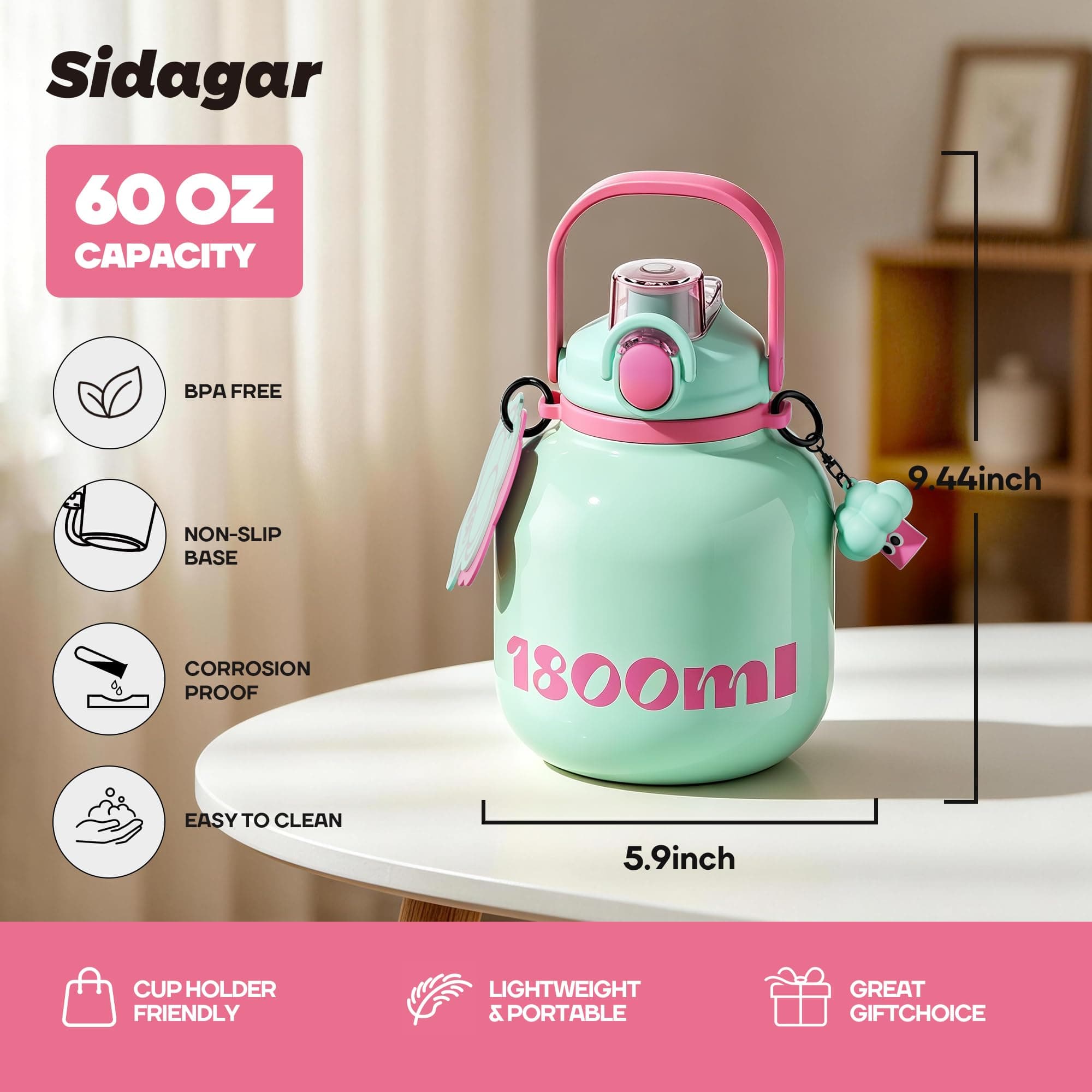 Sidagar 60 oz Half Gallon Insulated Water Bottle with Straw, Green, view 2