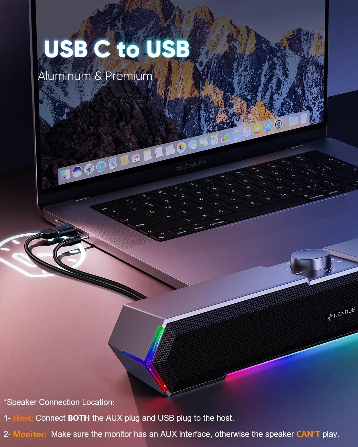 LENRUE G11 Computer Speakers for Desktop, Touch Lights PC Speakers with Surge Clear Sound, USB C/USB Powered, AUX Audio for Computer Desktop PC Laptop Desk, view 6