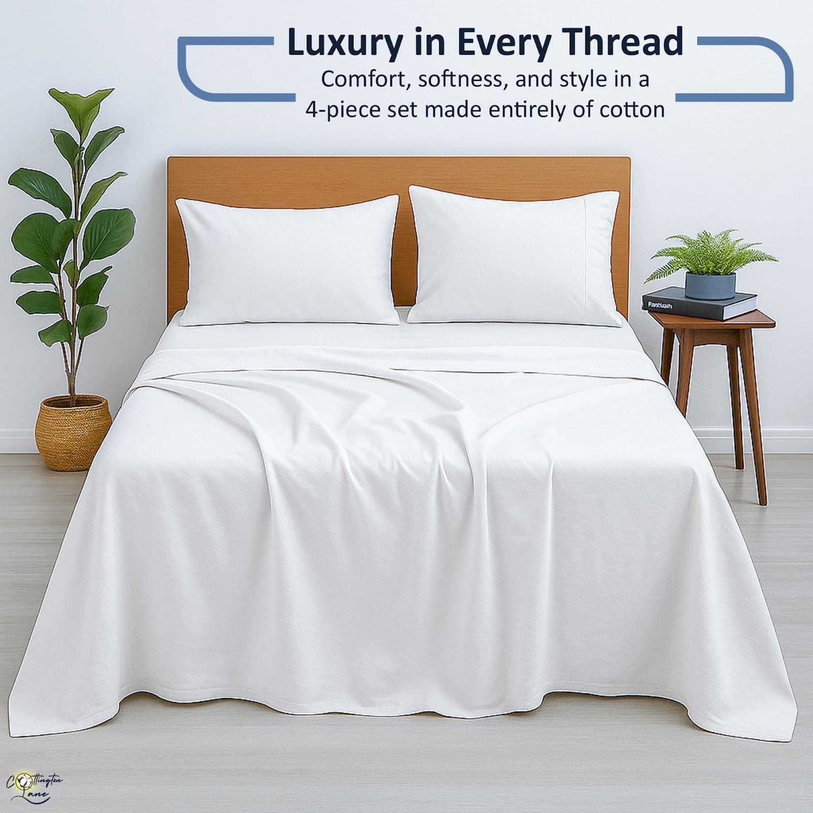 Cottington Lane Queen Sheet Set, 4 Piece 100% Cotton, 16" Deep, White, view 3