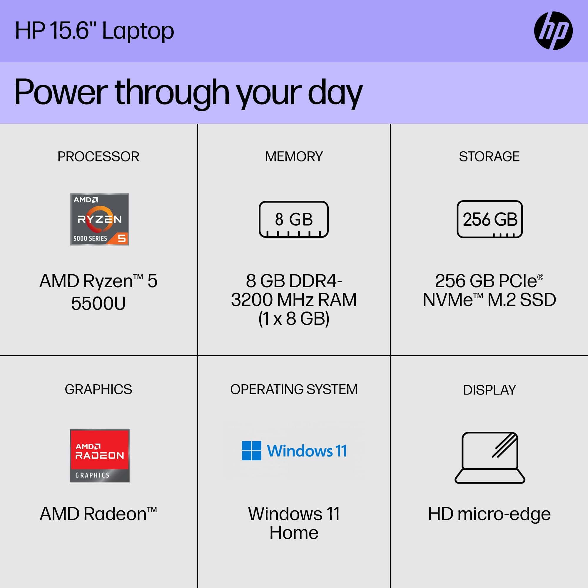 HP 15 inch Laptop, HD Display, AMD Ryzen 5 5500U, 8 GB RAM, 256 GB SSD, AMD Radeon Graphics, Windows 11 Home, 15-ef2099nr (2023), view 2