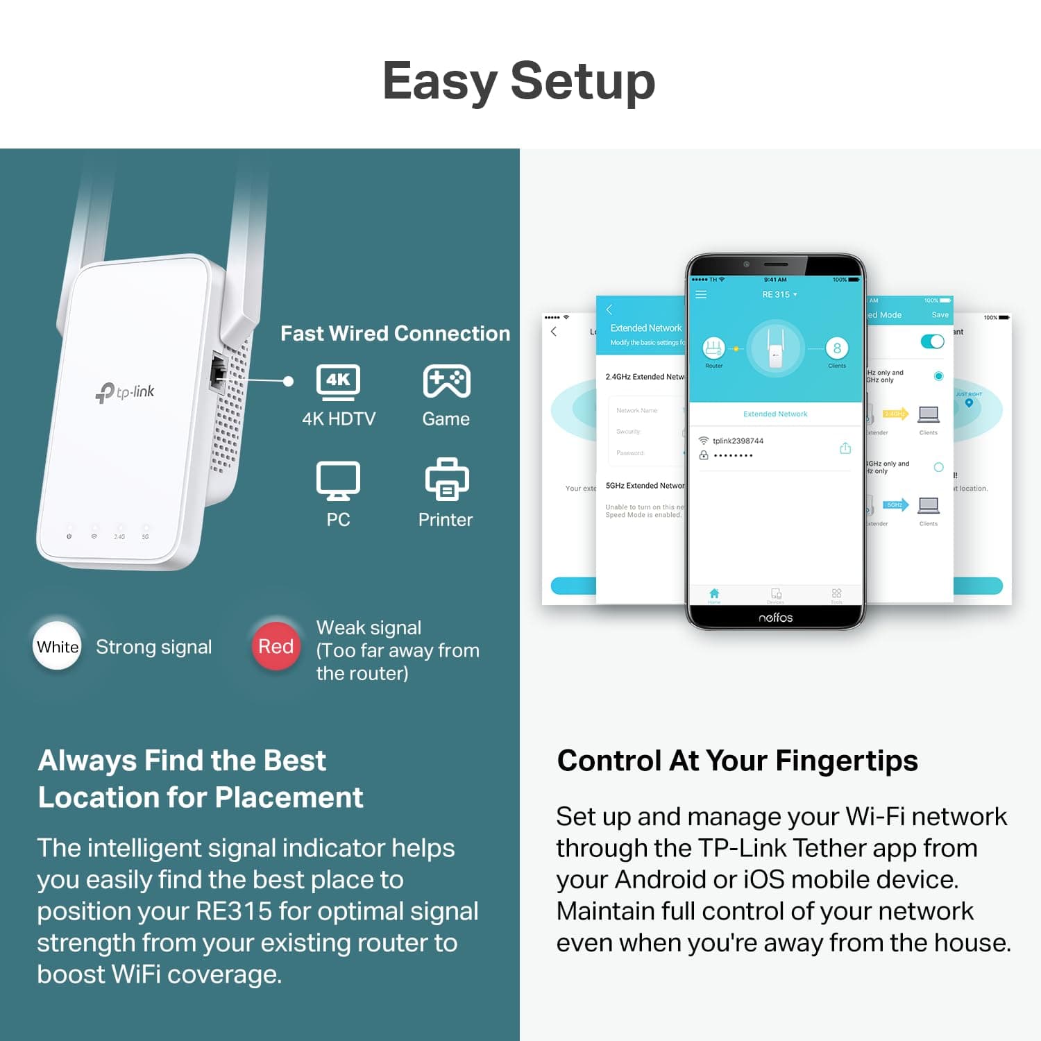 TP-Link AC1200 WiFi Extender - 1.2Gbps Home Signal Booster, Dual Band 5GHz/2.4GHz, Up to 1600 Sq.ft and 32 Devices, EasyMesh Compatible, One Ethernet Port (RE315), view 7