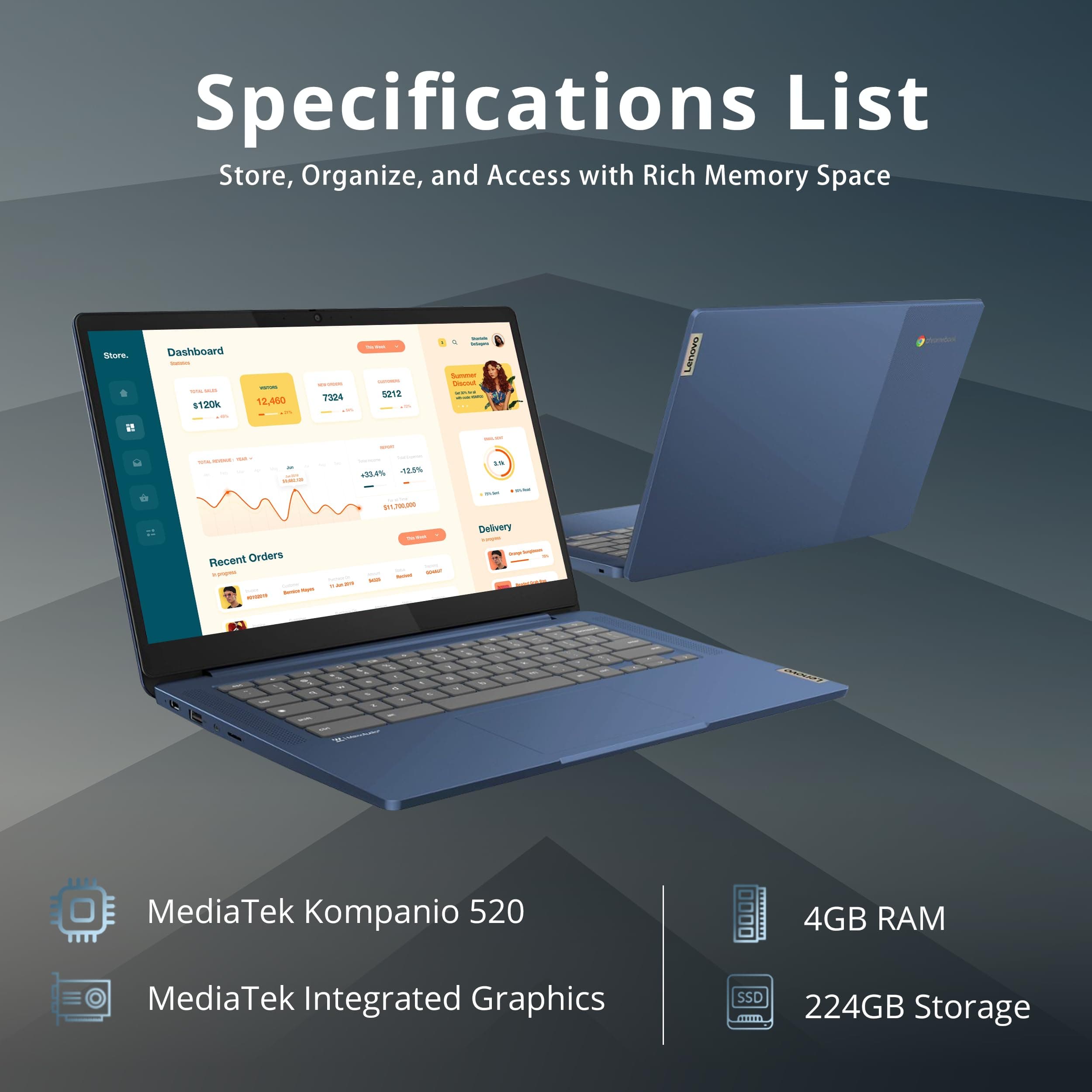 Lenovo IdeaPad Slim 3 Chromebook, 14″ FHD IPS Anti-GlareTouchscreen, MediaTek Kompanio 520, 4GB LPDDR4X, 224GB Storage(64GB eMMC+160GB Docking Station Set), Webcam, WiFi 6, Chrome OS, Blue, view 3