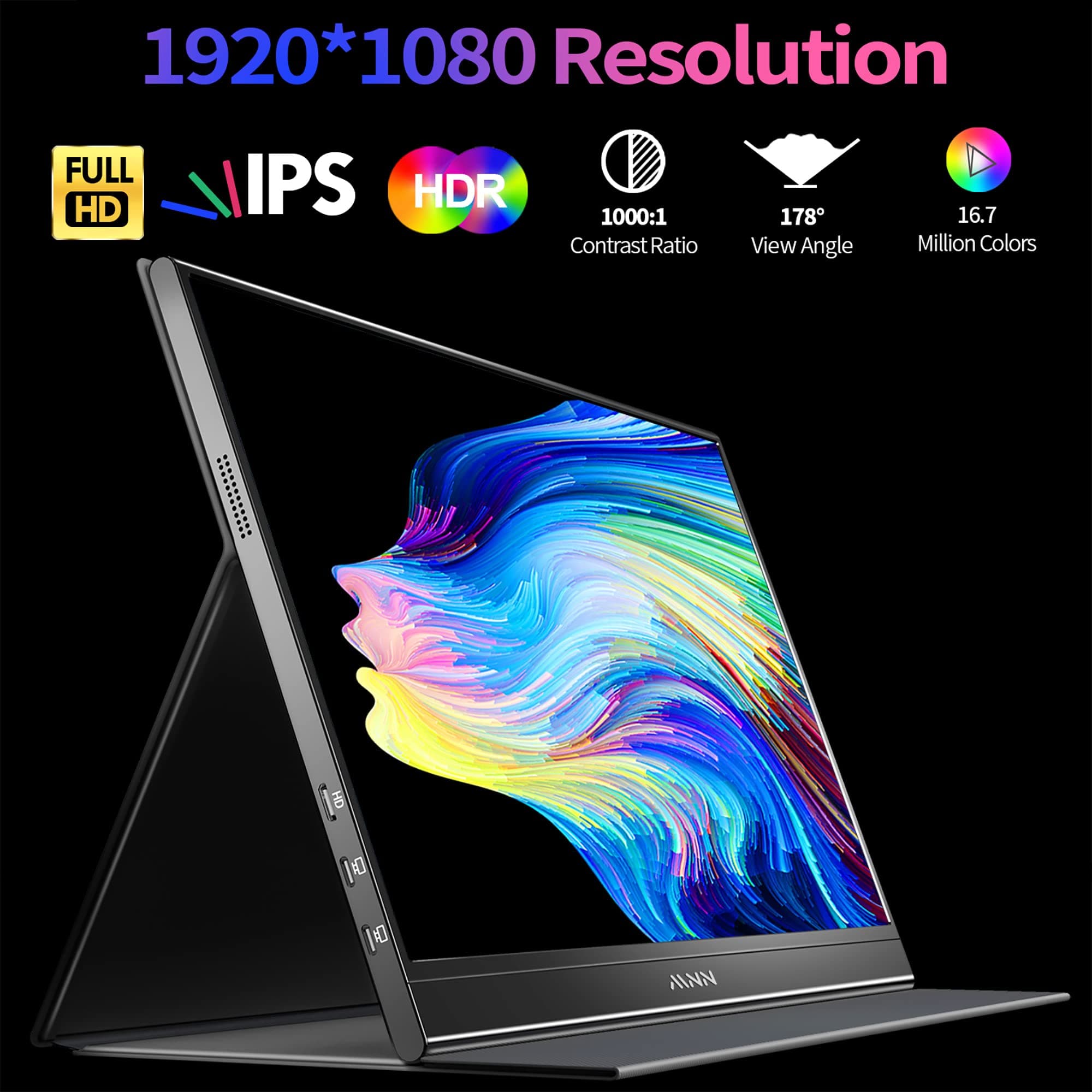 MNN 15.6" FHD 60Hz Portable Monitor USB-C HDMI IPS HDR Gaming Laptop, view 2