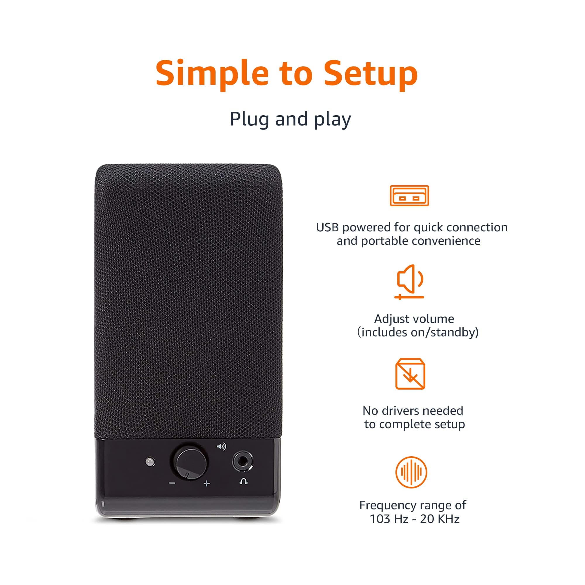 Amazon Basics USB-Powered Computer Speakers with Volume Control for Desktop or Laptop PC, Compact Size, Headphone Jack, Portable, Plug-N-Play, Black, view 4
