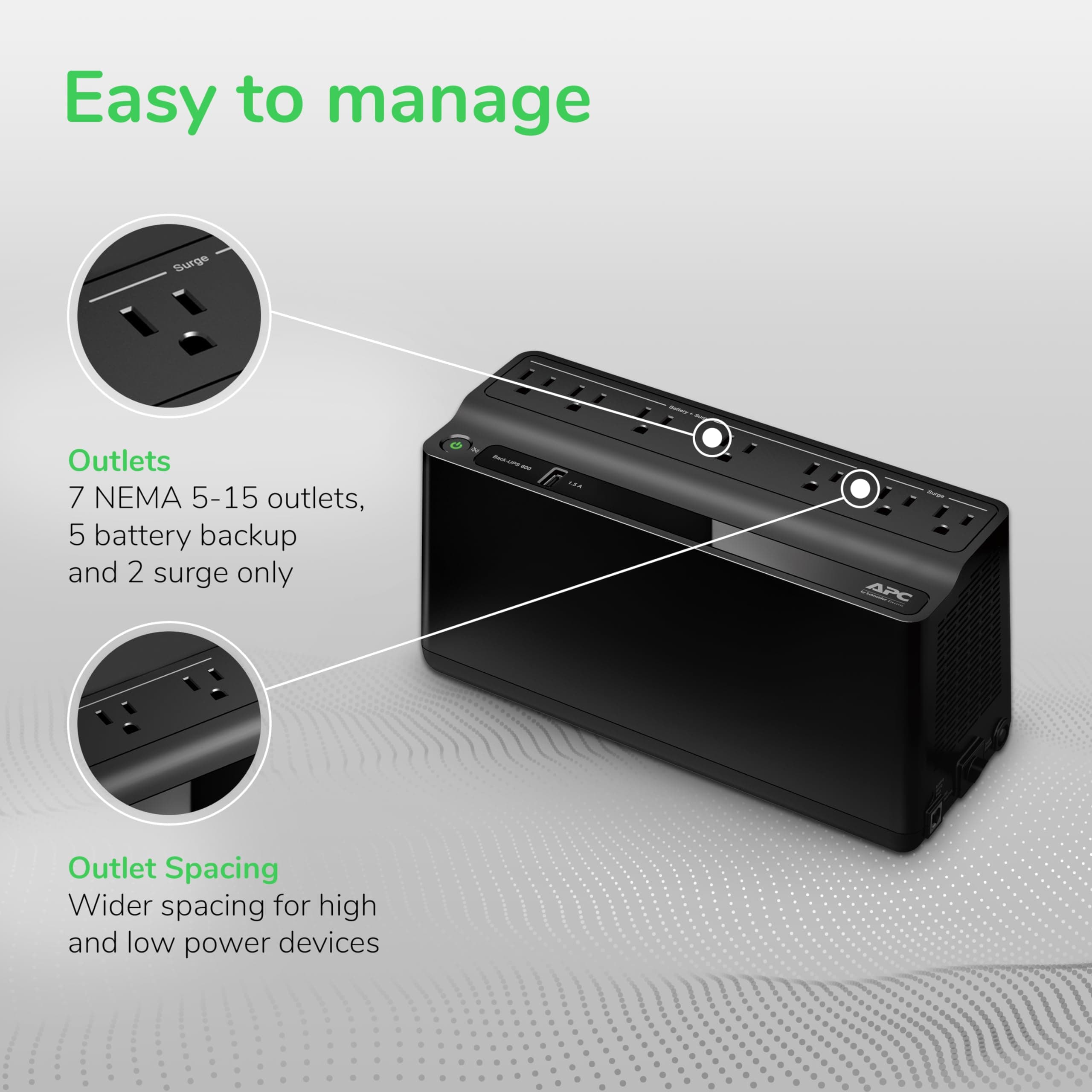 APC UPS 600VA/330W Battery Backup for Computer, Router, NAS, BE600M1, view 4