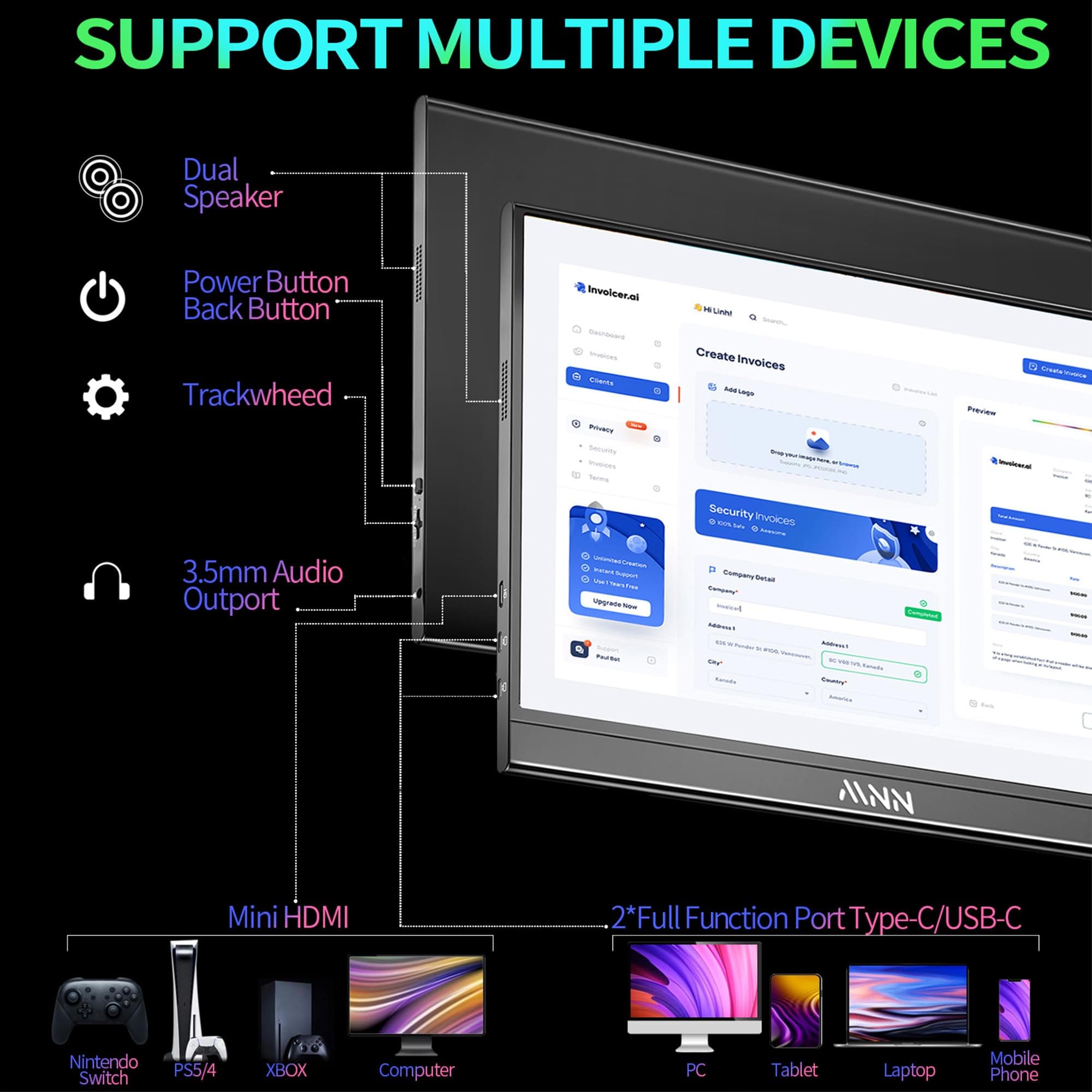 MNN 15.6" FHD 60Hz Portable Monitor USB-C HDMI IPS HDR Gaming Laptop, view 3