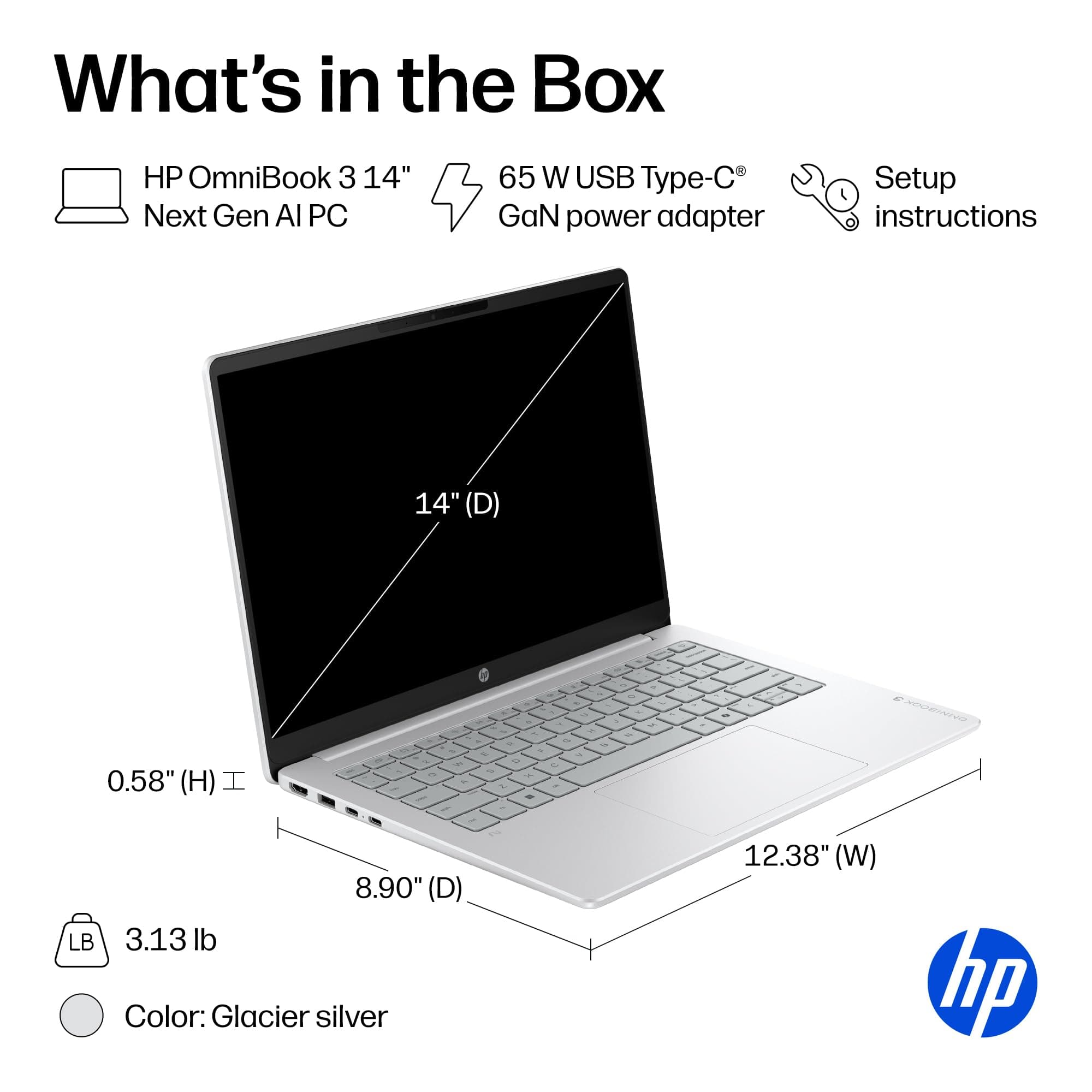 HP OmniBook 3 14 inch Next Gen AI PC, 2K Display, Snapdragon X X1-26-100, 16 GB RAM, 512 GB SSD, Qualcomm Adreno GPU, Windows 11 Home, Glacier Silver, 14-hz0099nr, view 13