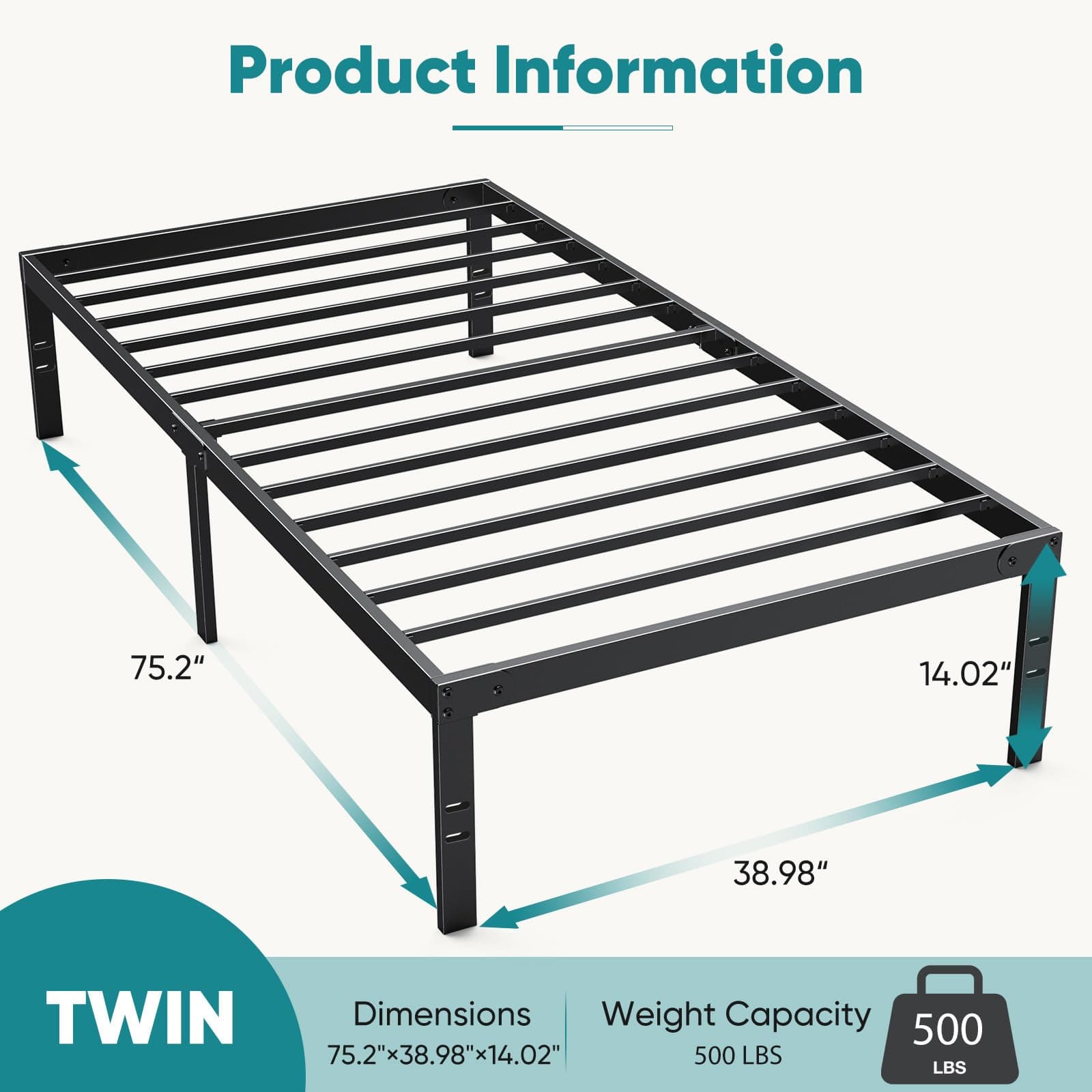 OLIXIS Twin Metal Platform Bed Frame - 14in High Heavy Duty Mattress Foundation with Storage Space, No Box Spring Needed, Sturdy Steel Slat Support, Easy Assembly, Black, view 2