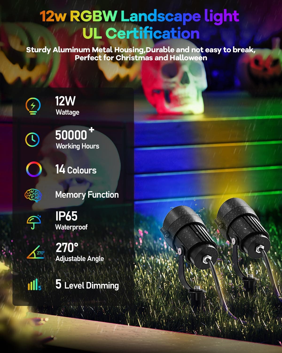 HIBOITEC RGBWW Low Voltage Landscape Lights 12-Pack, ETL Listed IP65 Outdoor LED Spotlights with Timer & Dual Remote, 12-24V Color Changing Uplighting for Yard Trees(Transformers NOT Included), view 7