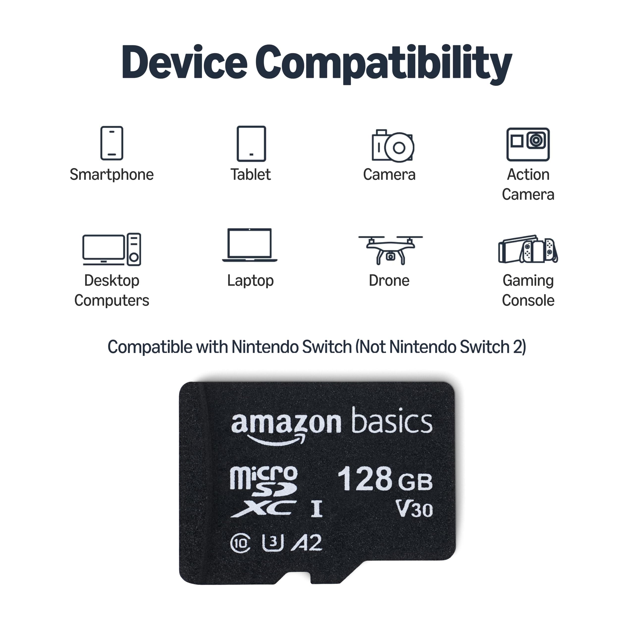 Amazon Basics microSDXC Memory Card with Full Size Adapter, A2, U3, Read Speed up to 100 MB/s, 128GB, Black, view 3
