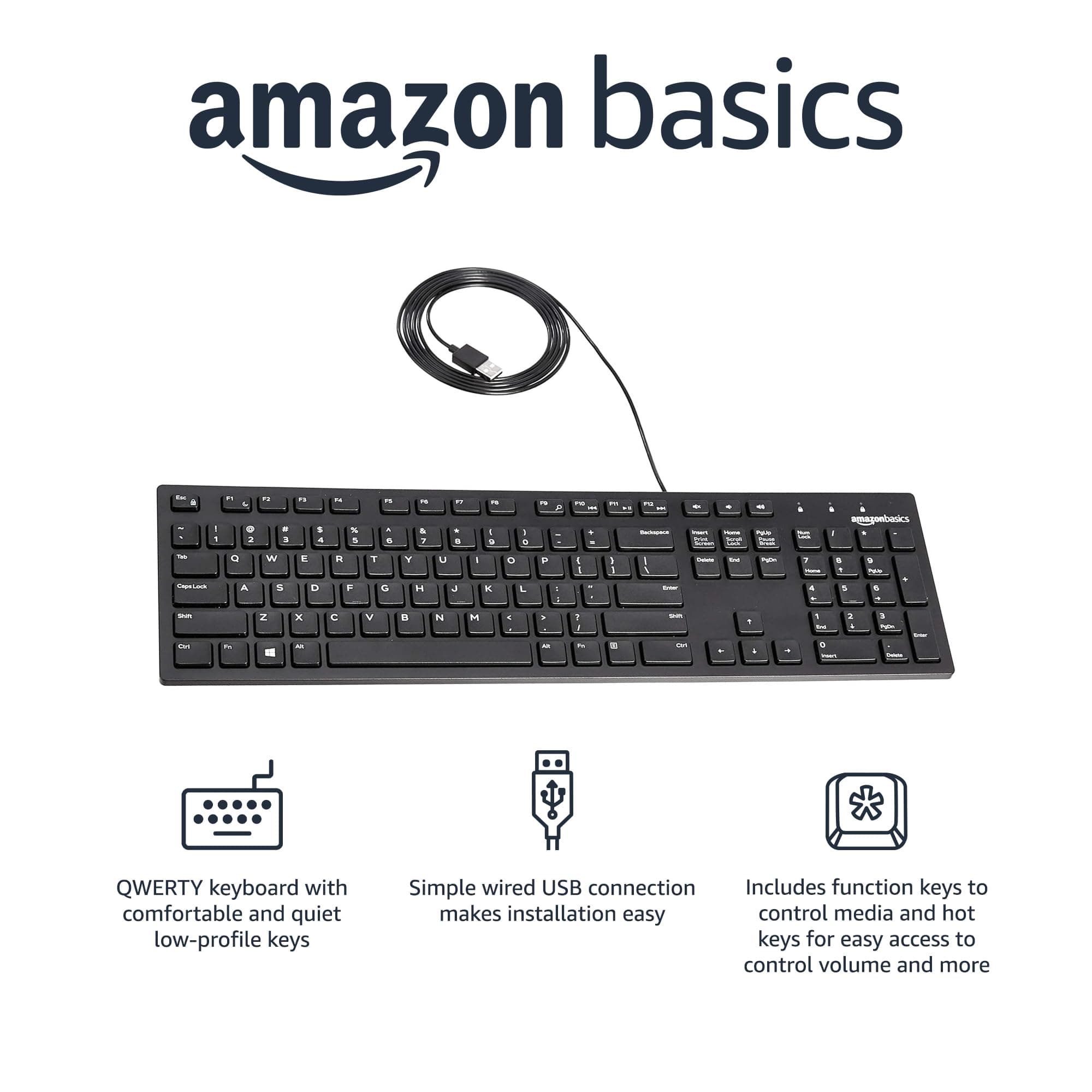 Amazon Basics Wired QWERTY Keyboard, Works with Windows, Plug and Play, Easy to Use with Media Control, Full-Sized, Black, view 2