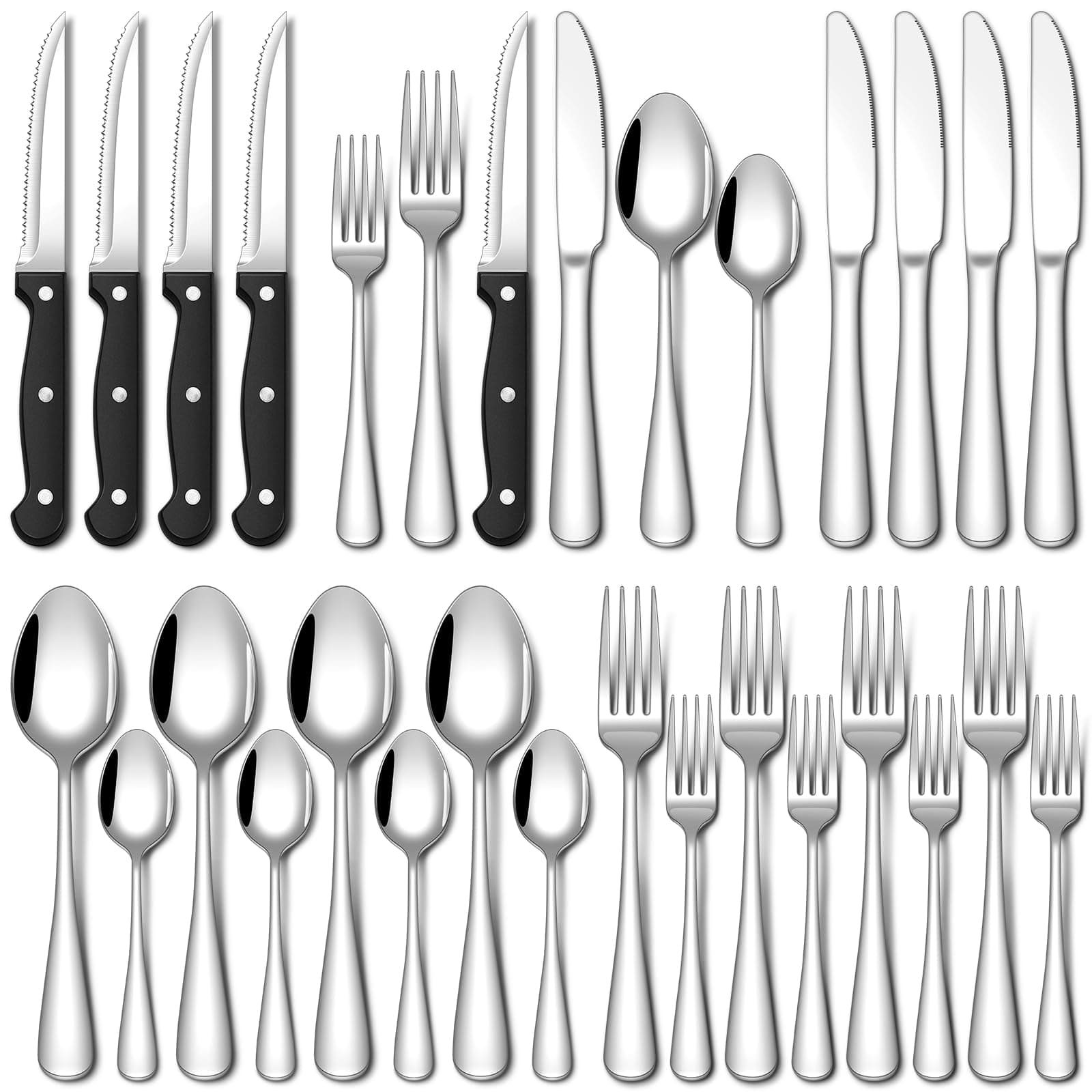 EUIRIO 24 Piece Silverware Set with Steak Knives Food Grade Stainless Steel Flatware Set for 4 Cutlery Utensil Set Includes Knife Mirror Polished Dishwasher Safe for Home Restaurant